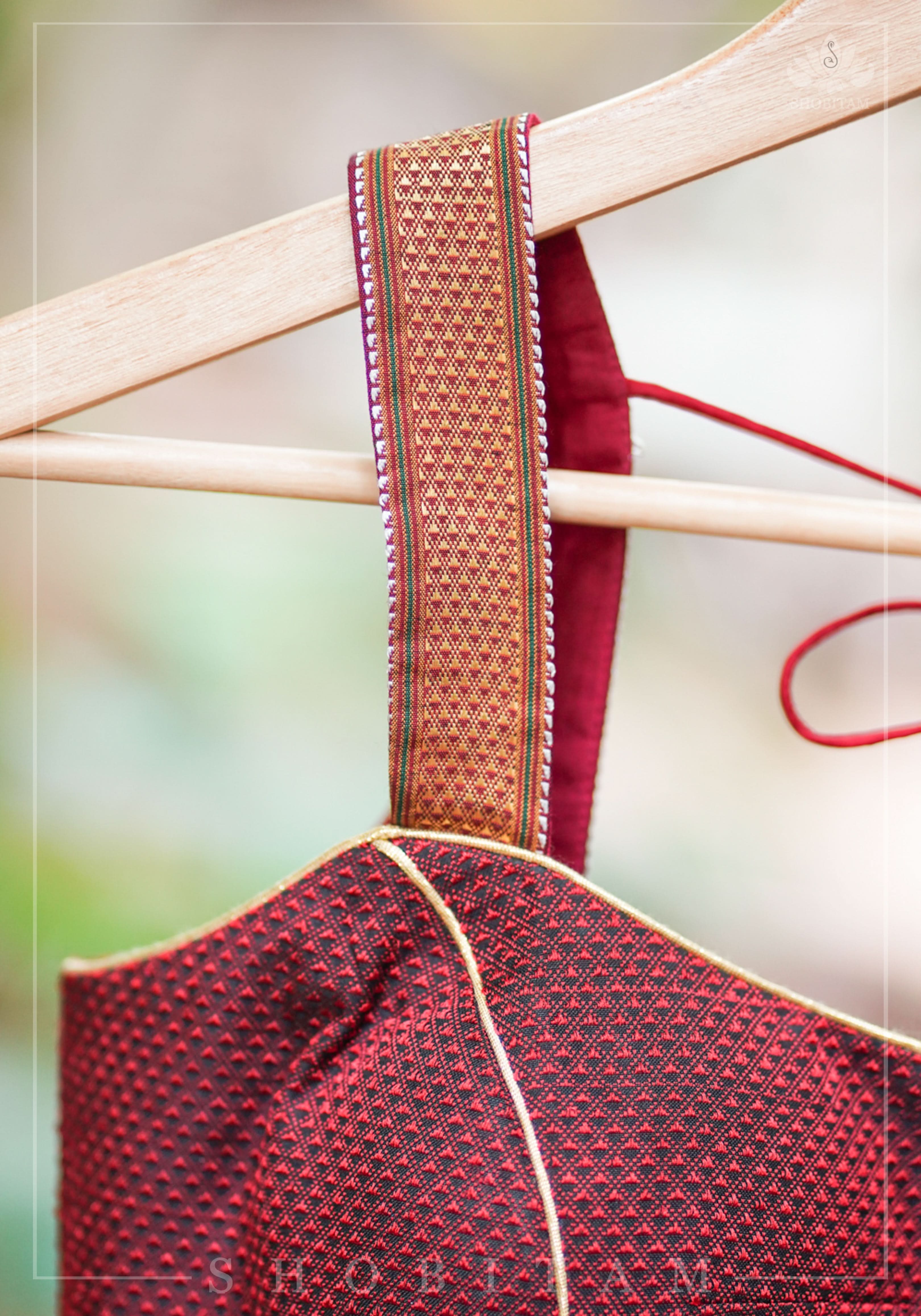 Maroon khana silk sweet heart strappy blouse | Shobitam