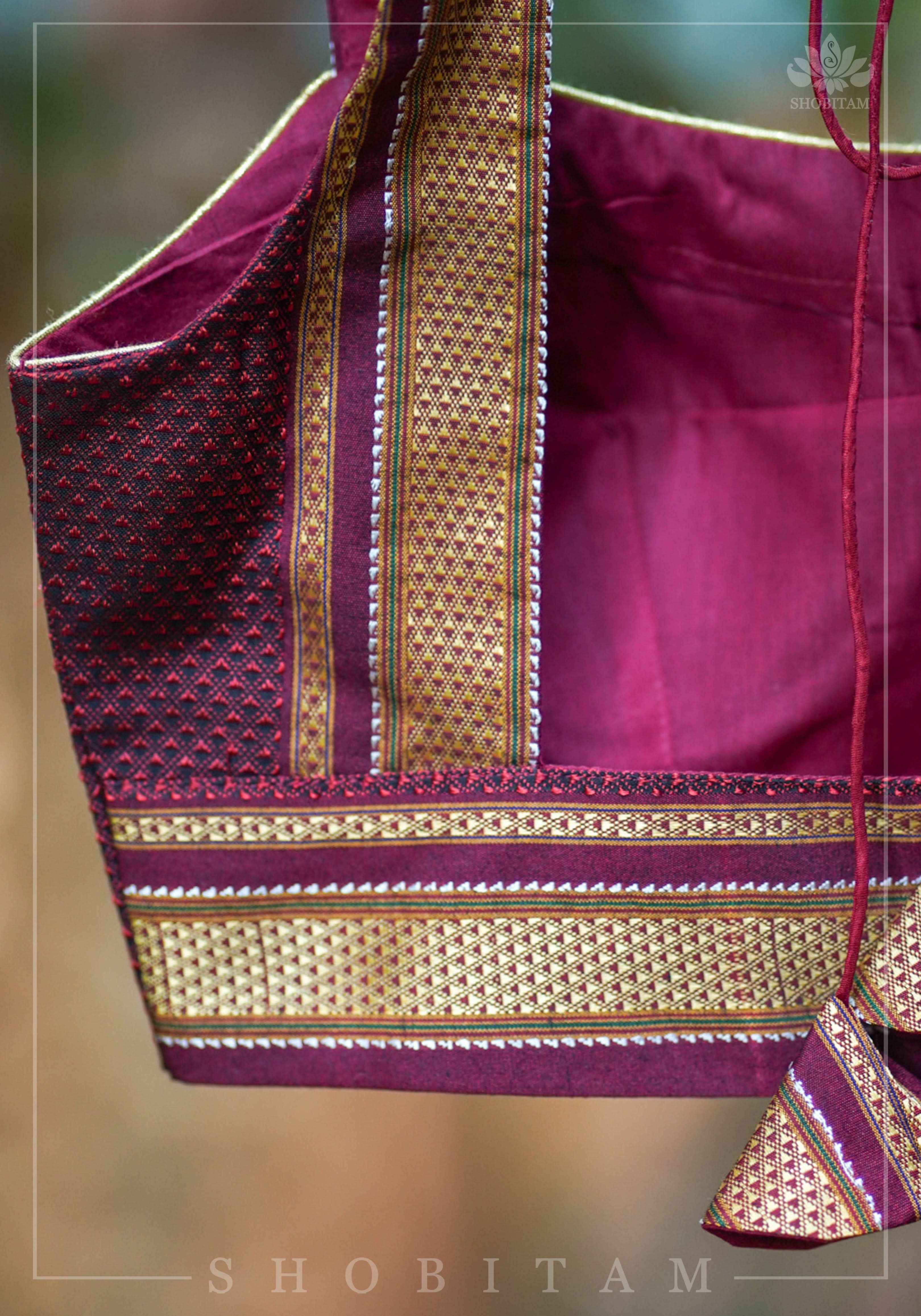 Maroon khana silk sweet heart strappy blouse | Shobitam