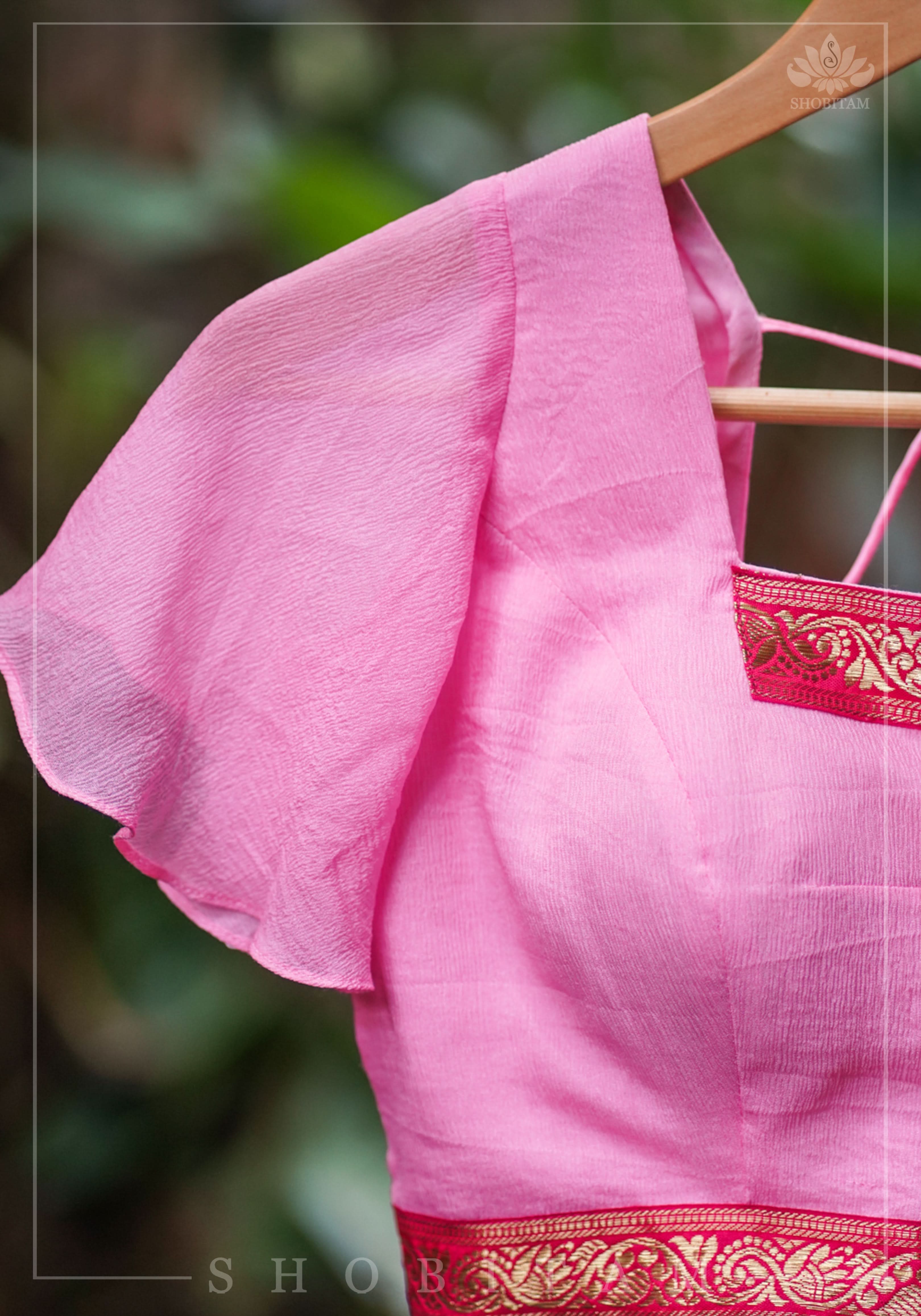 Pink Ruffle Sleeves Blouse in Chiffon with Zari detailing | Shobitam