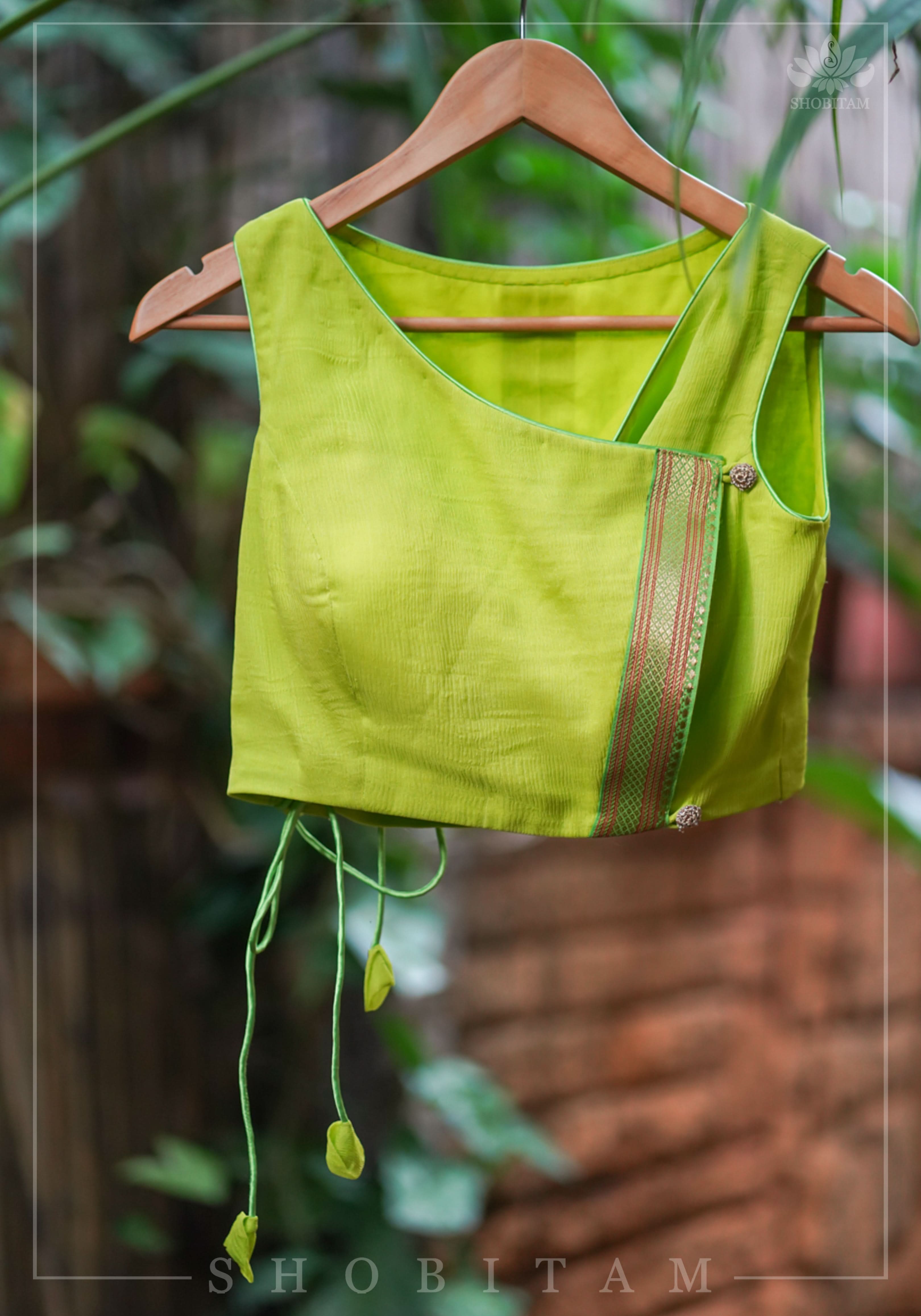 Lime Green Chiffon Crossover Blouse with Zari Detailing | Shobitam