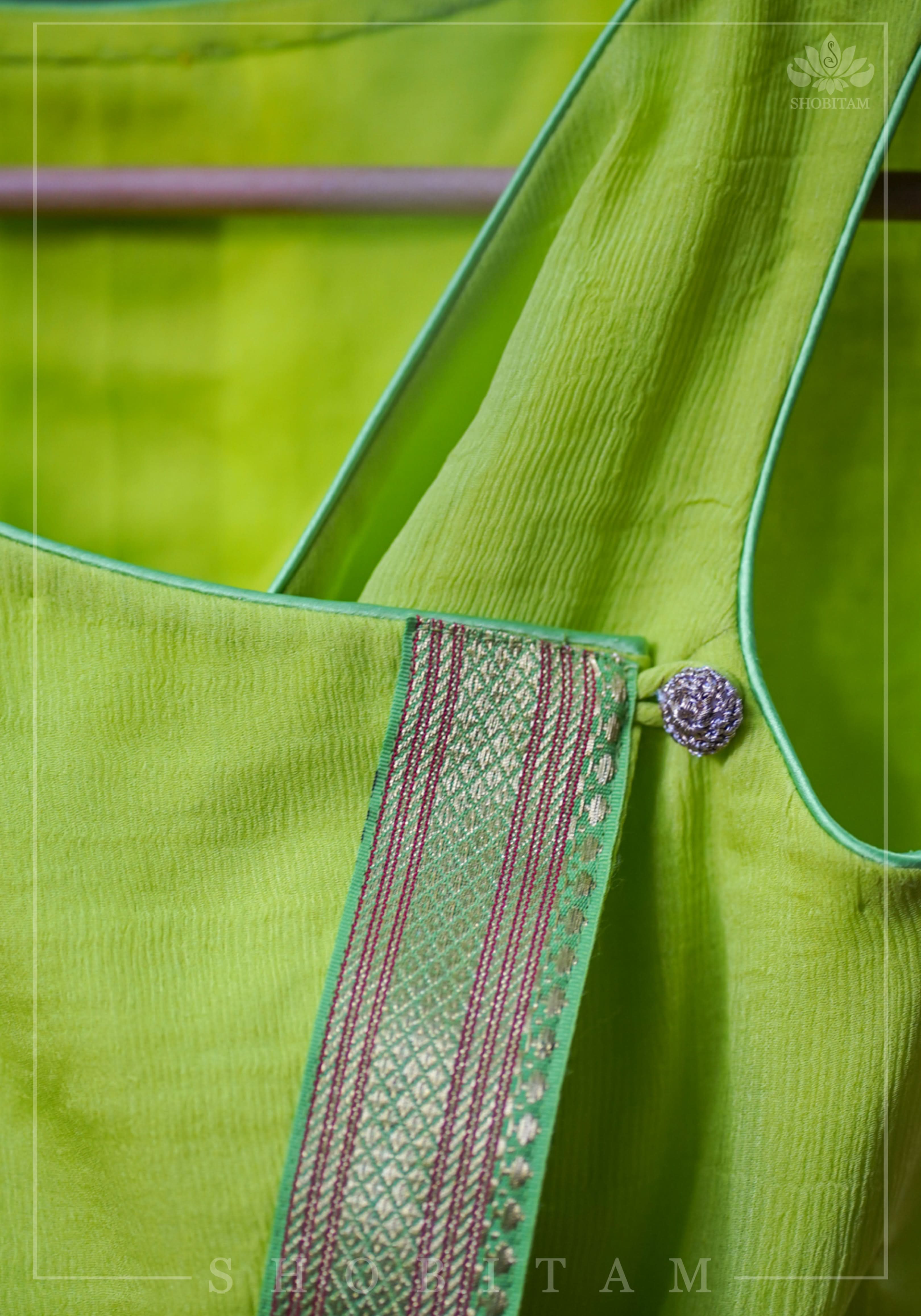 Lime Green Chiffon Crossover Blouse with Zari Detailing | Shobitam