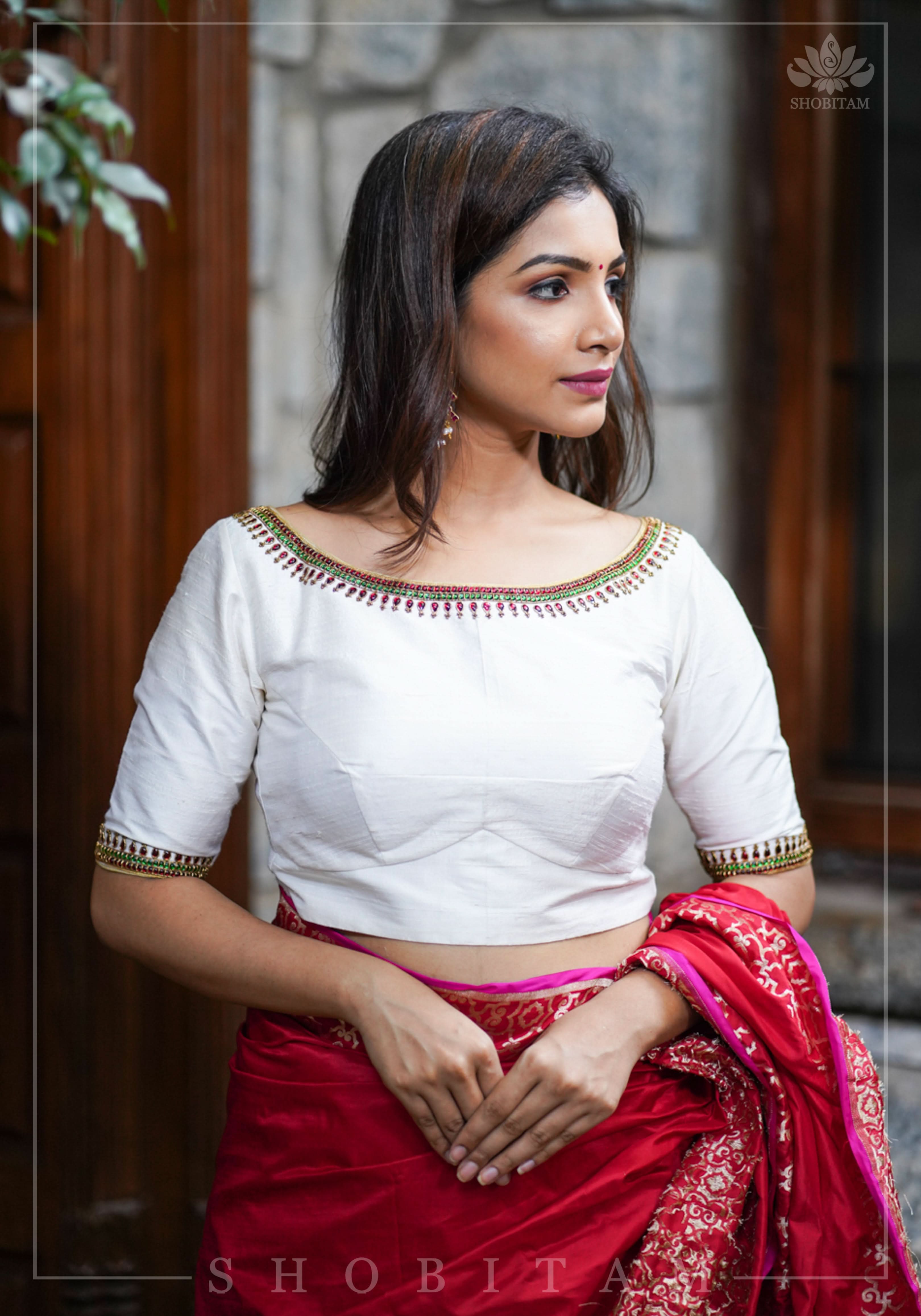 Ivory Pure Raw Silk Blouse with Kemp work detailing on boat neck and Jadau back buttons | Shobitam