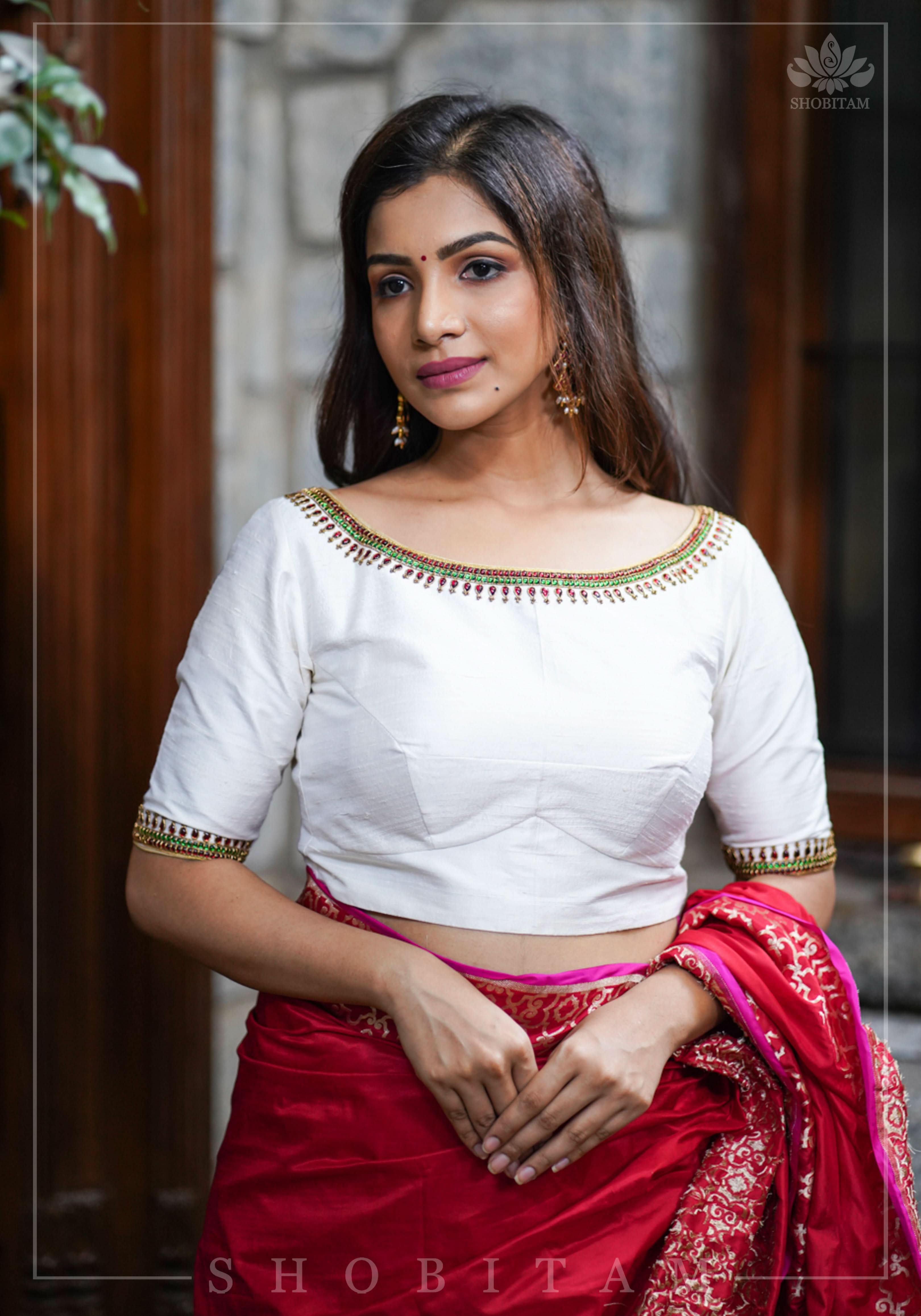 Ivory Pure Raw Silk Blouse with Kemp work detailing on boat neck and Jadau back buttons | Shobitam
