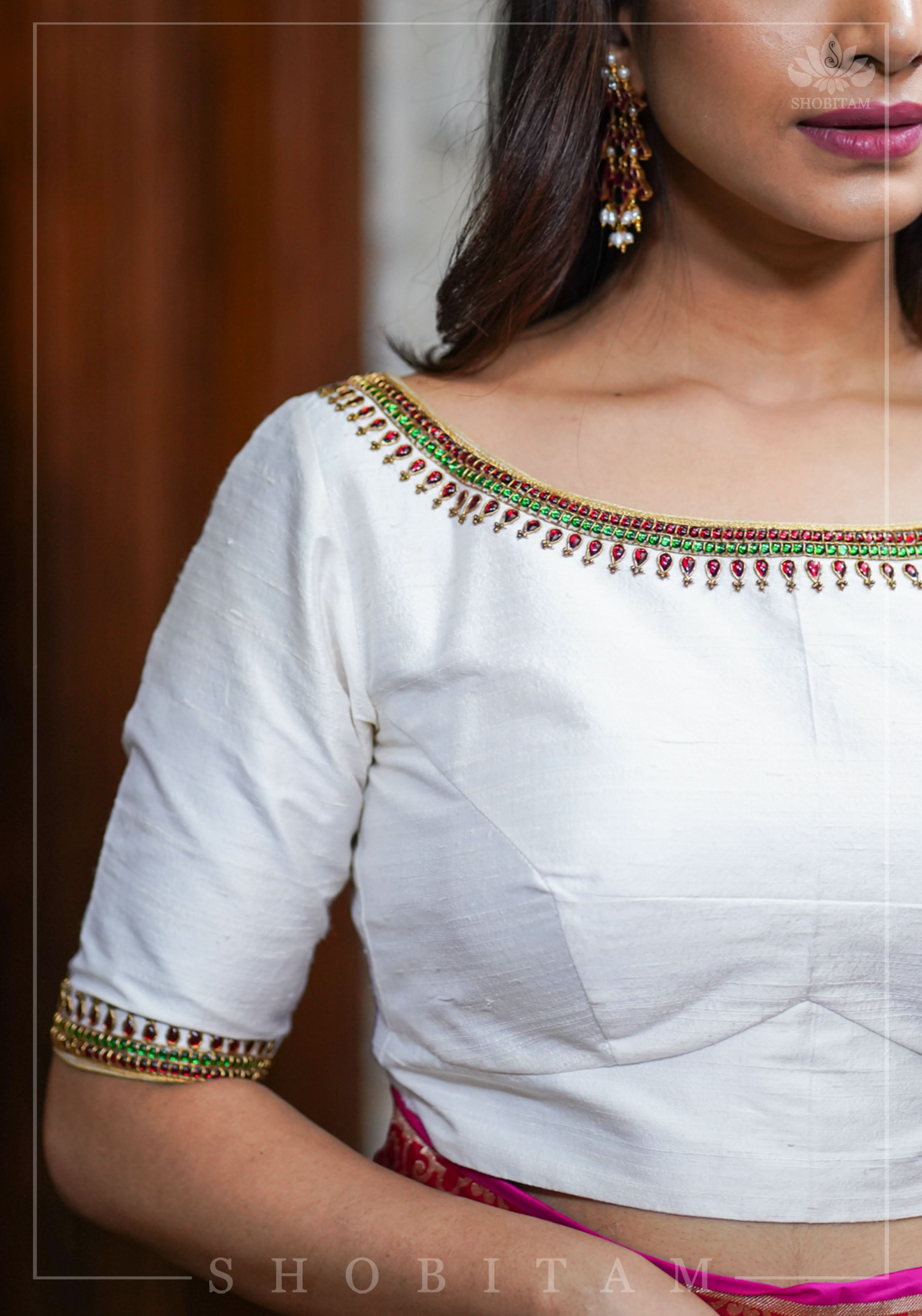 Ivory Pure Raw Silk Blouse with Kemp work detailing on boat neck and Jadau back buttons | Shobitam