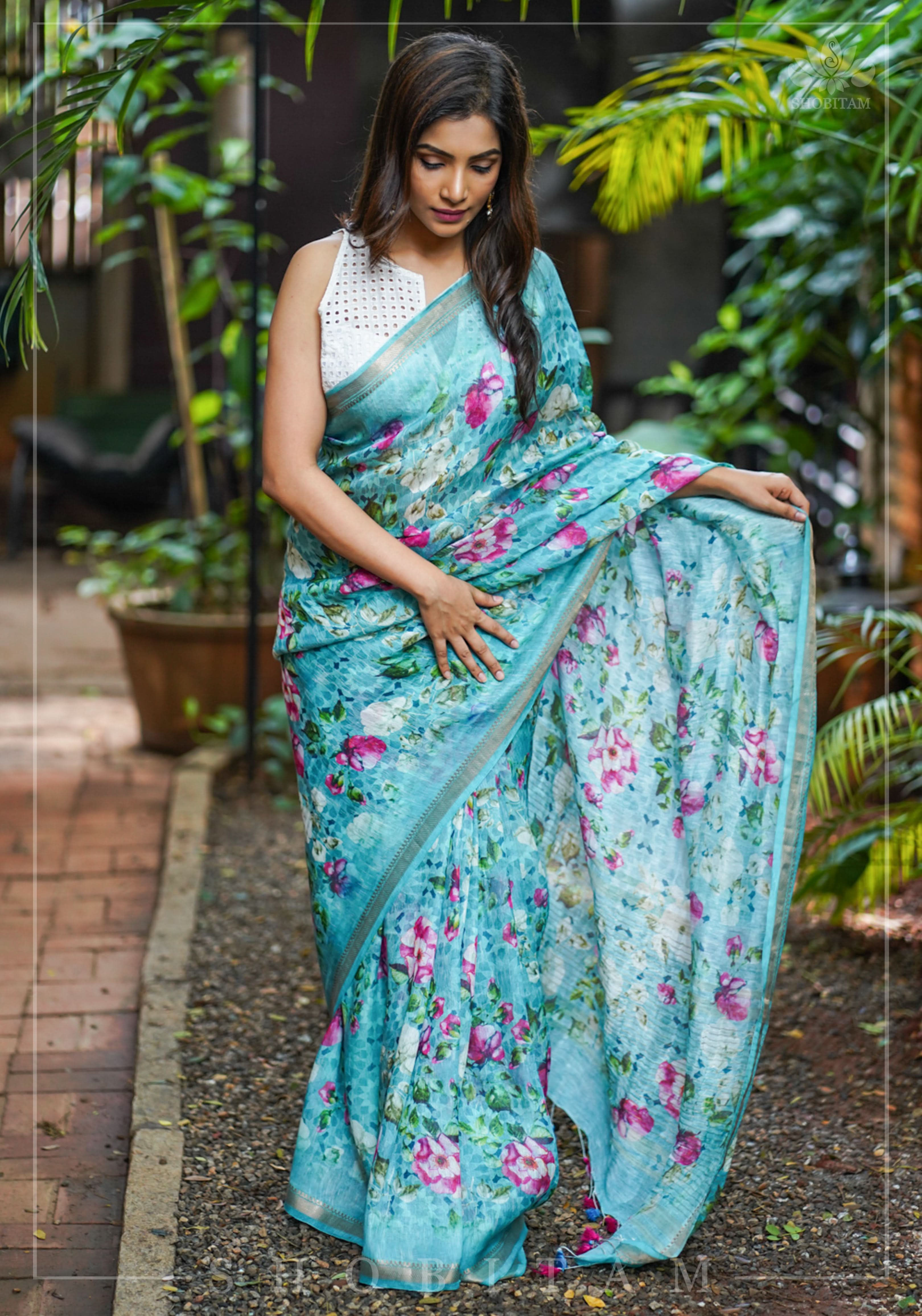 Blue Silk Linen Saree with Floral Digital Print | Shobitam