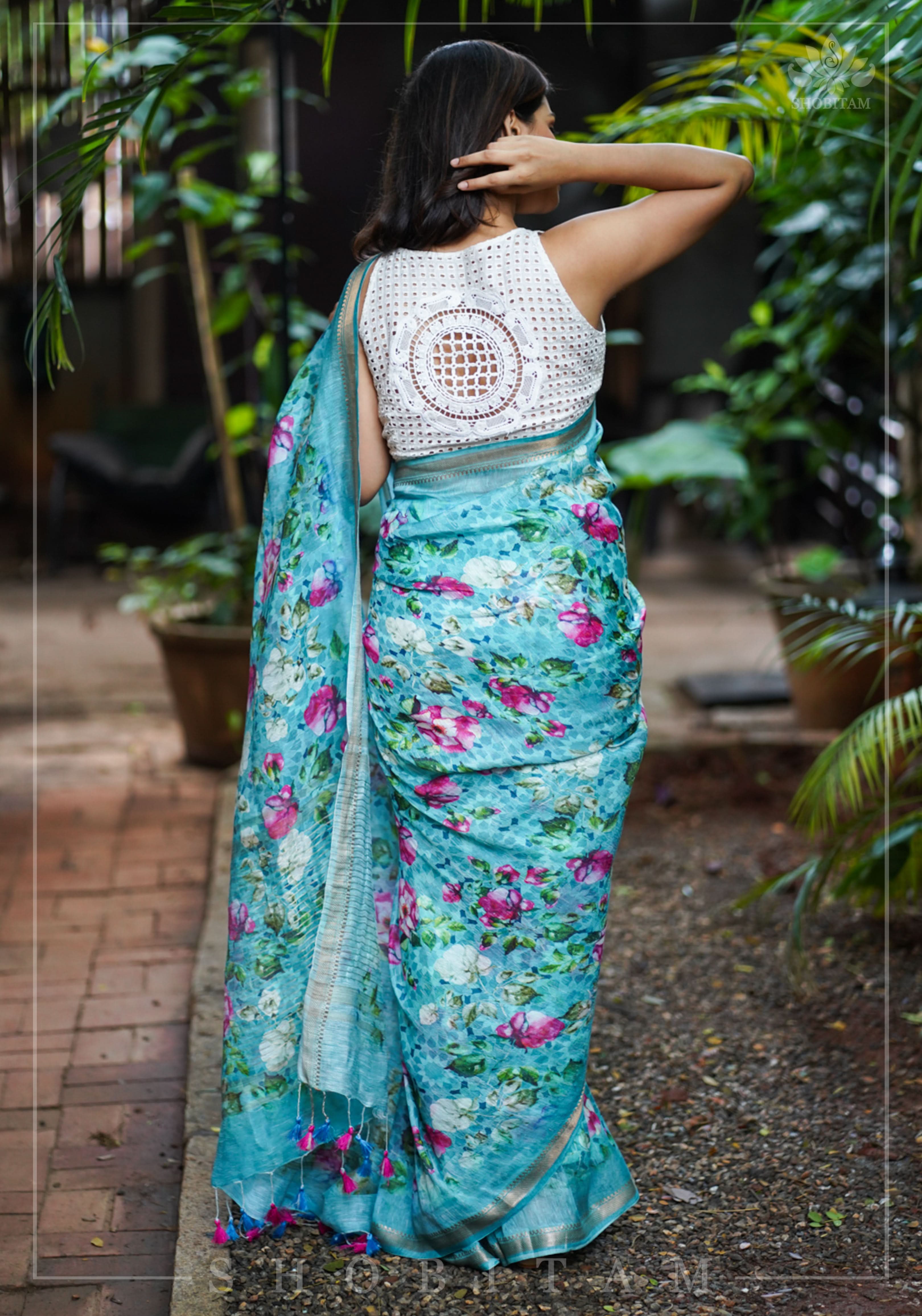 Blue Silk Linen Saree with Floral Digital Print | Shobitam