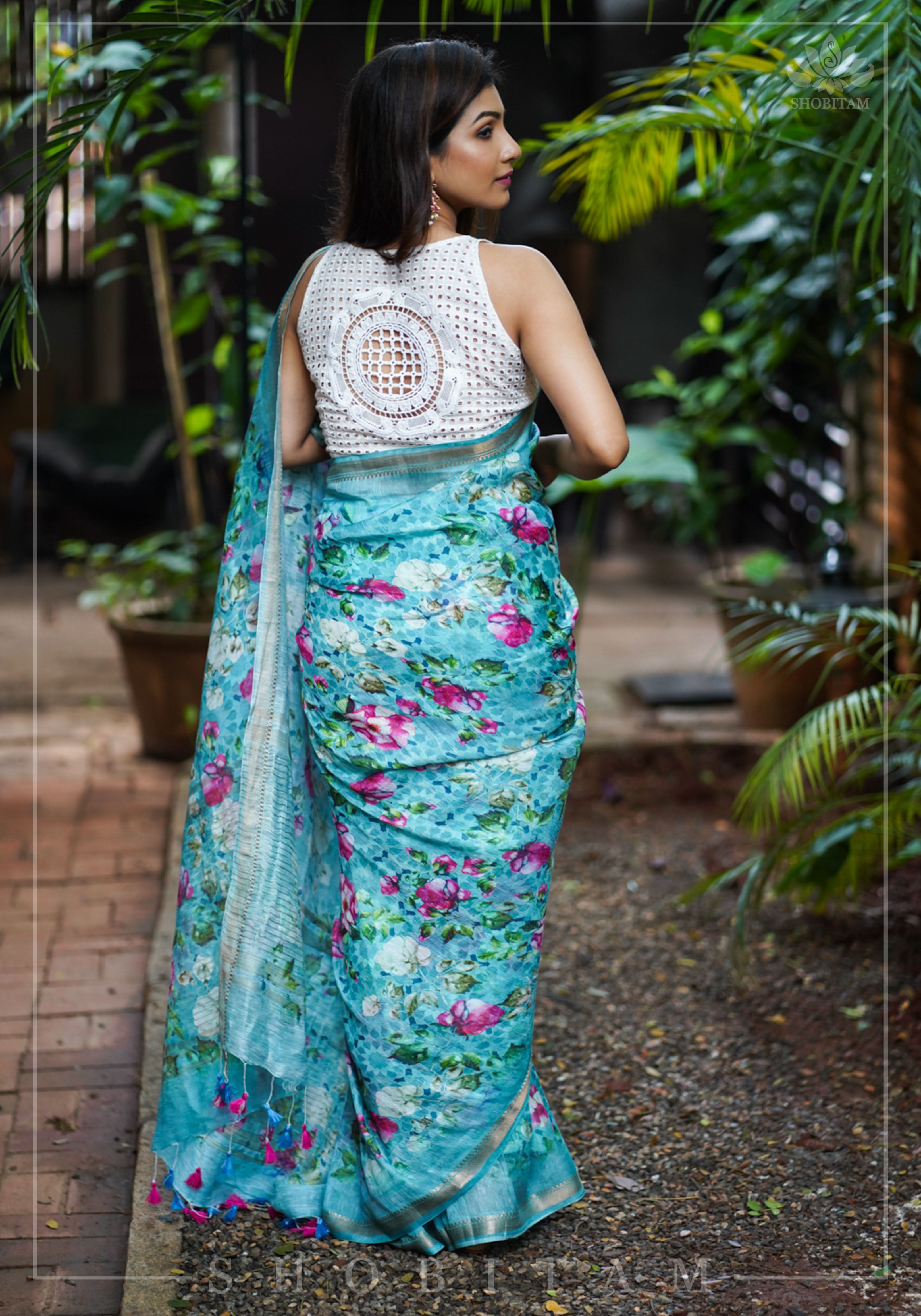Blue Silk Linen Saree with Floral Digital Print | Shobitam