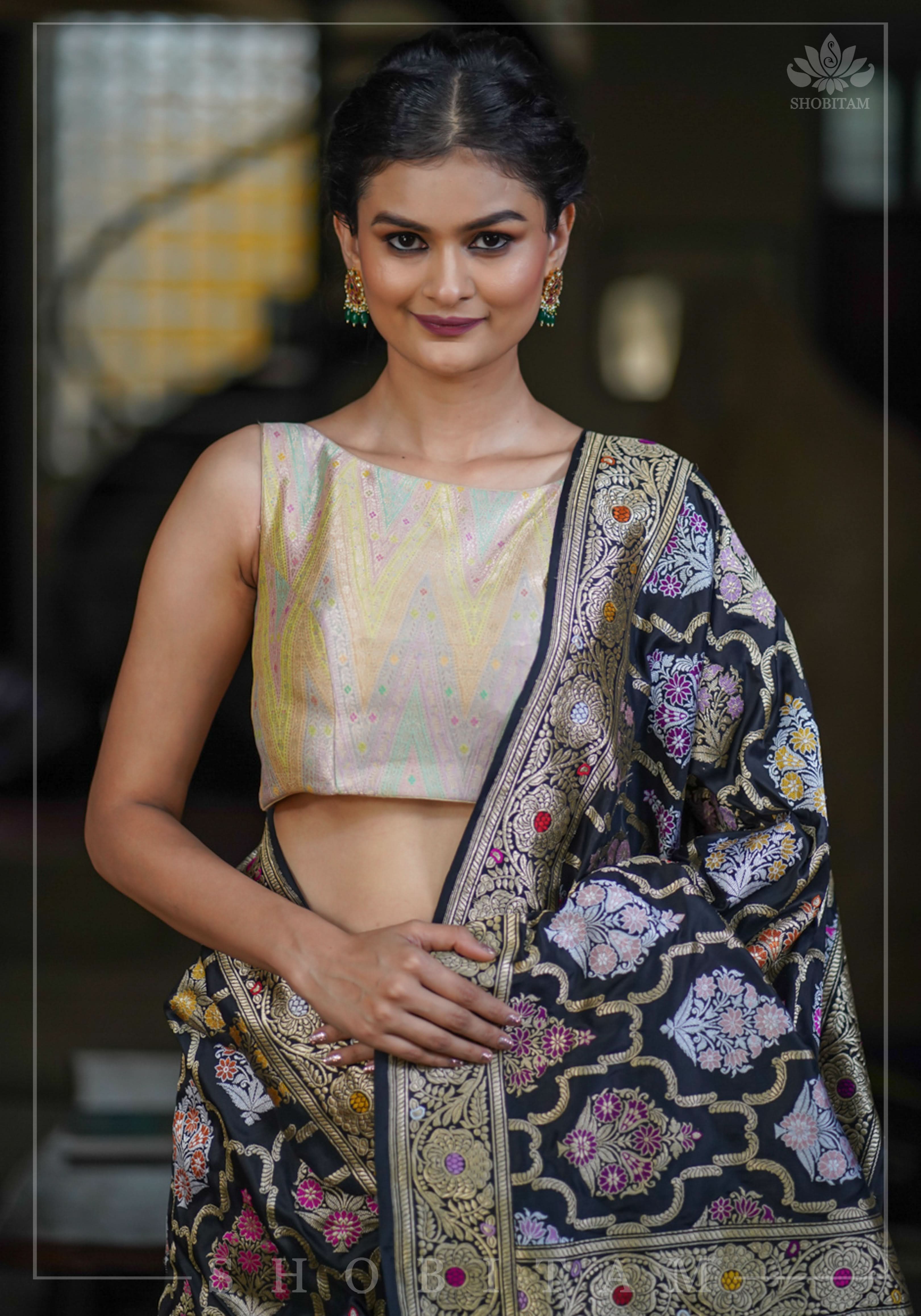 Banarasi Brocade Pastel Mix and Match Blouse with Side-back Closure and Potli Buttons | Shobitam