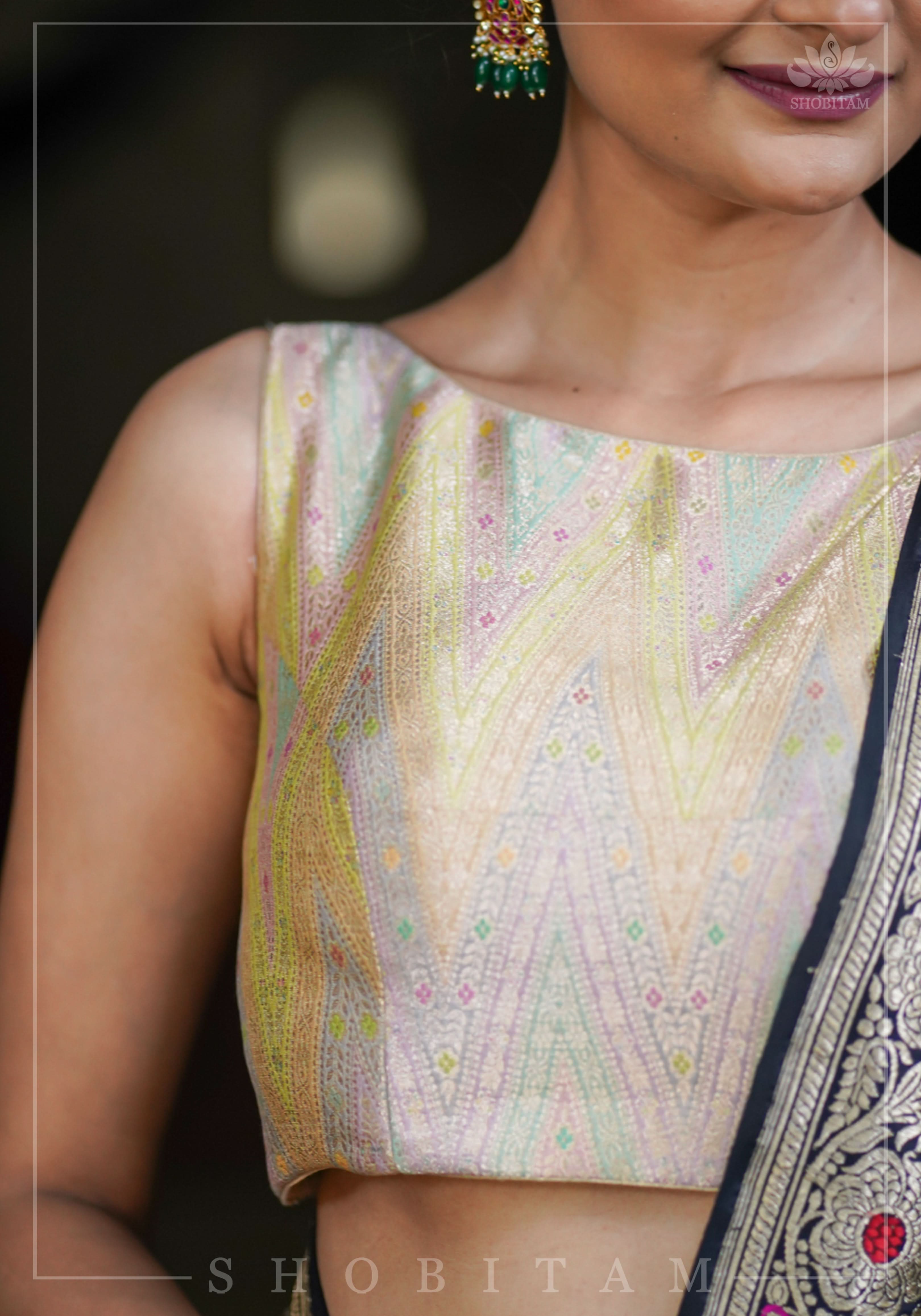 Banarasi Brocade Pastel Mix and Match Blouse with Side-back Closure and Potli Buttons | Shobitam