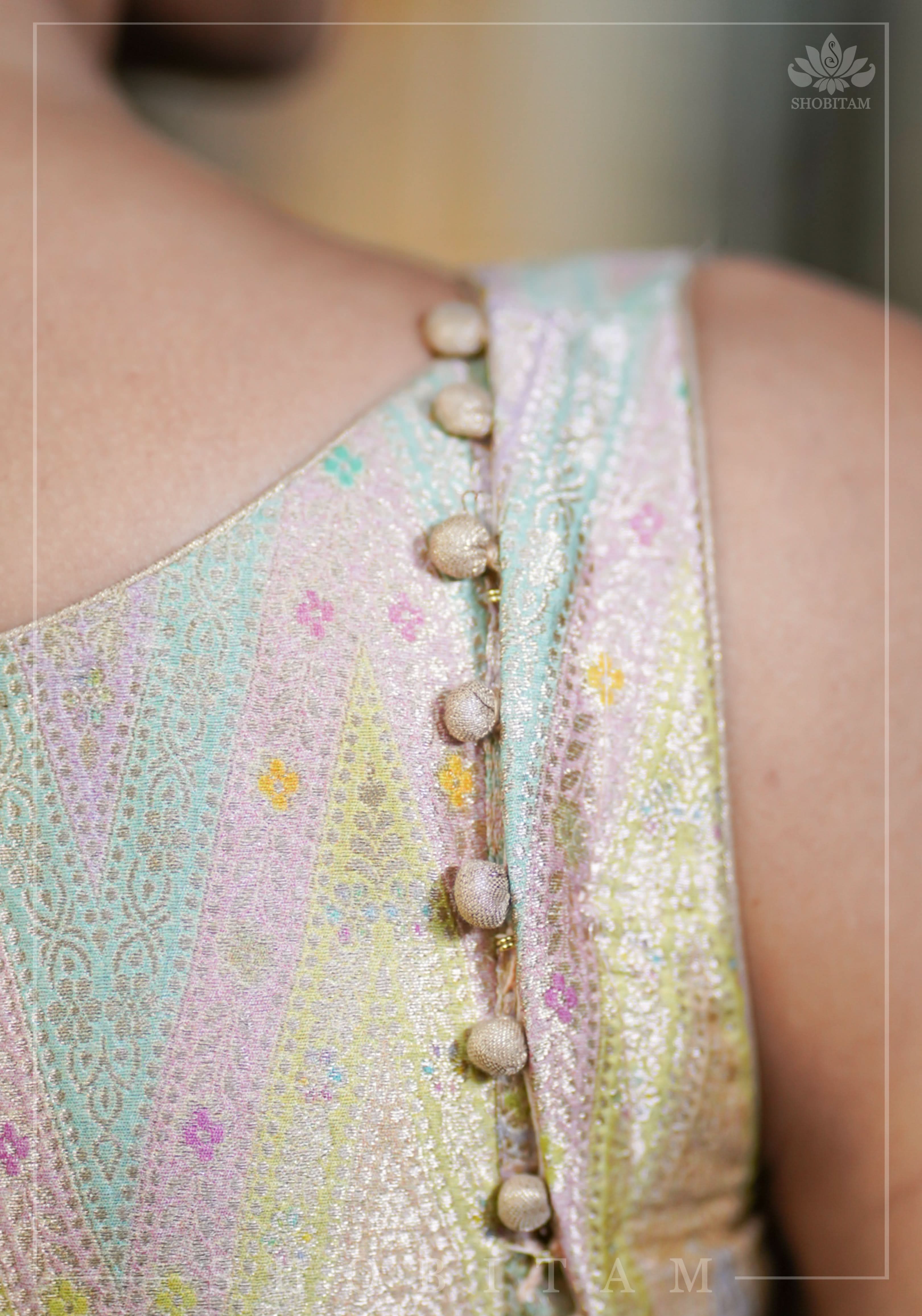 Banarasi Brocade Pastel Mix and Match Blouse with Side-back Closure and Potli Buttons | Shobitam