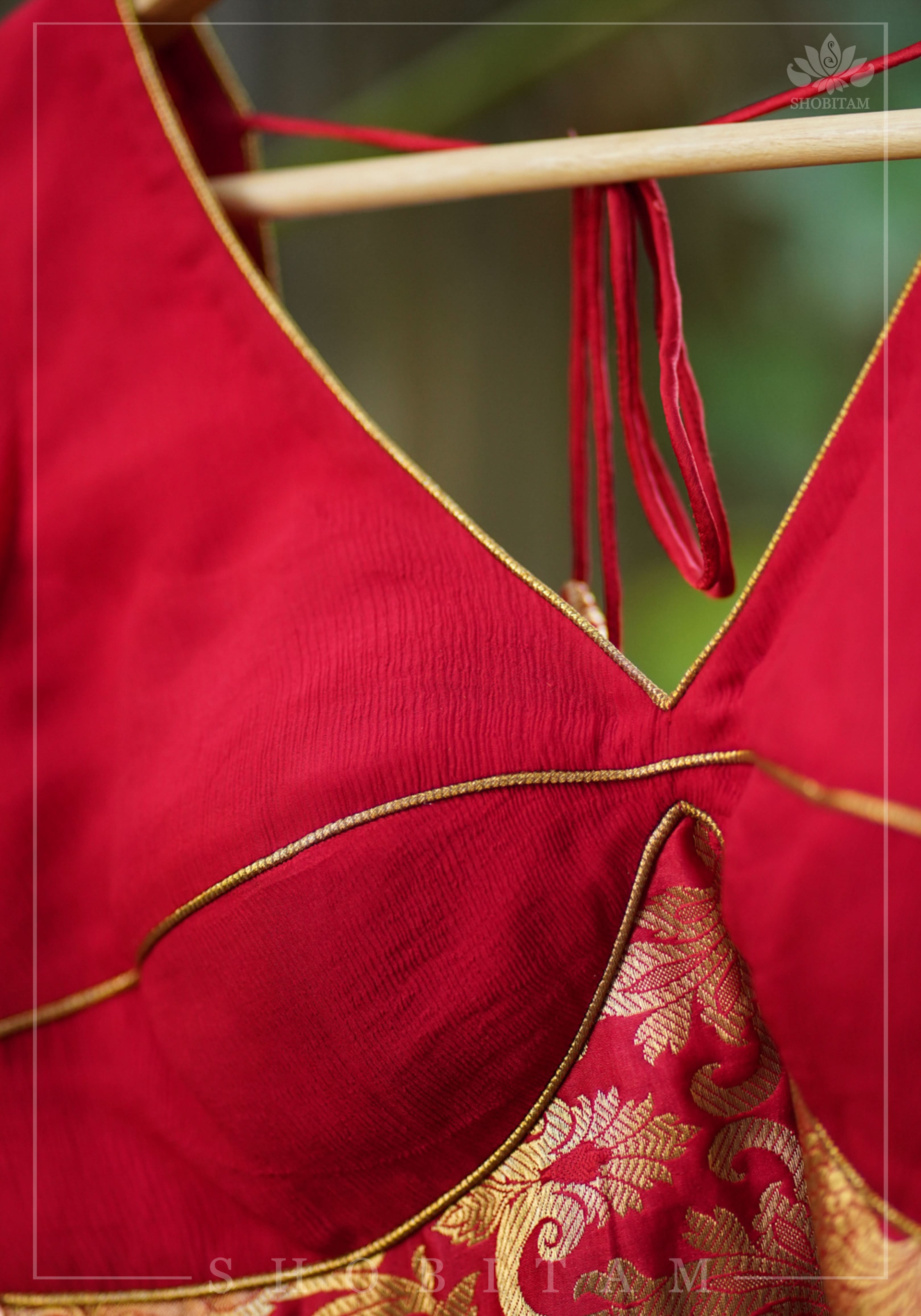 Red Chiffon Blouse with Brocade detailing | Shobitam
