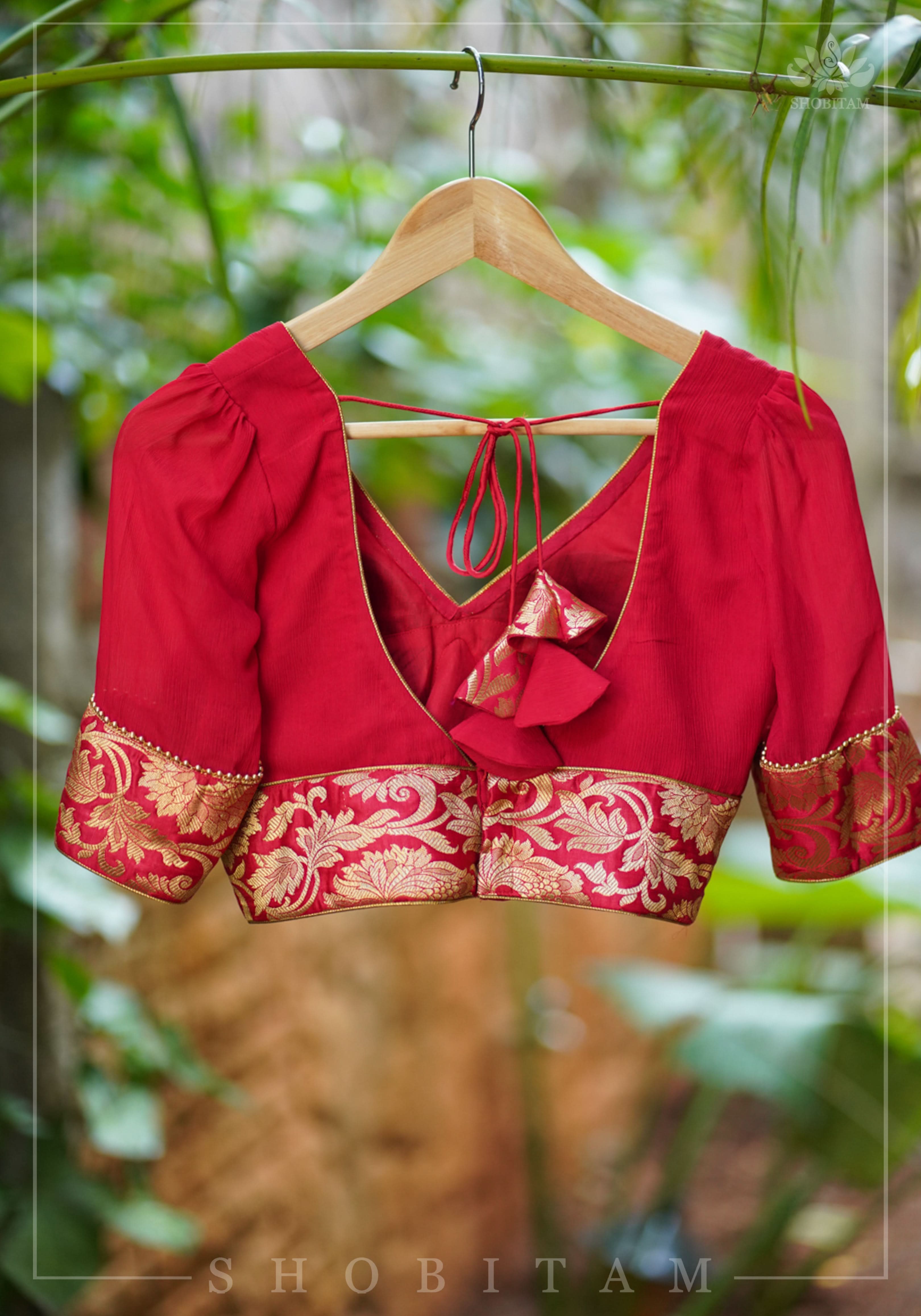 Red Chiffon Blouse with Brocade detailing | Shobitam