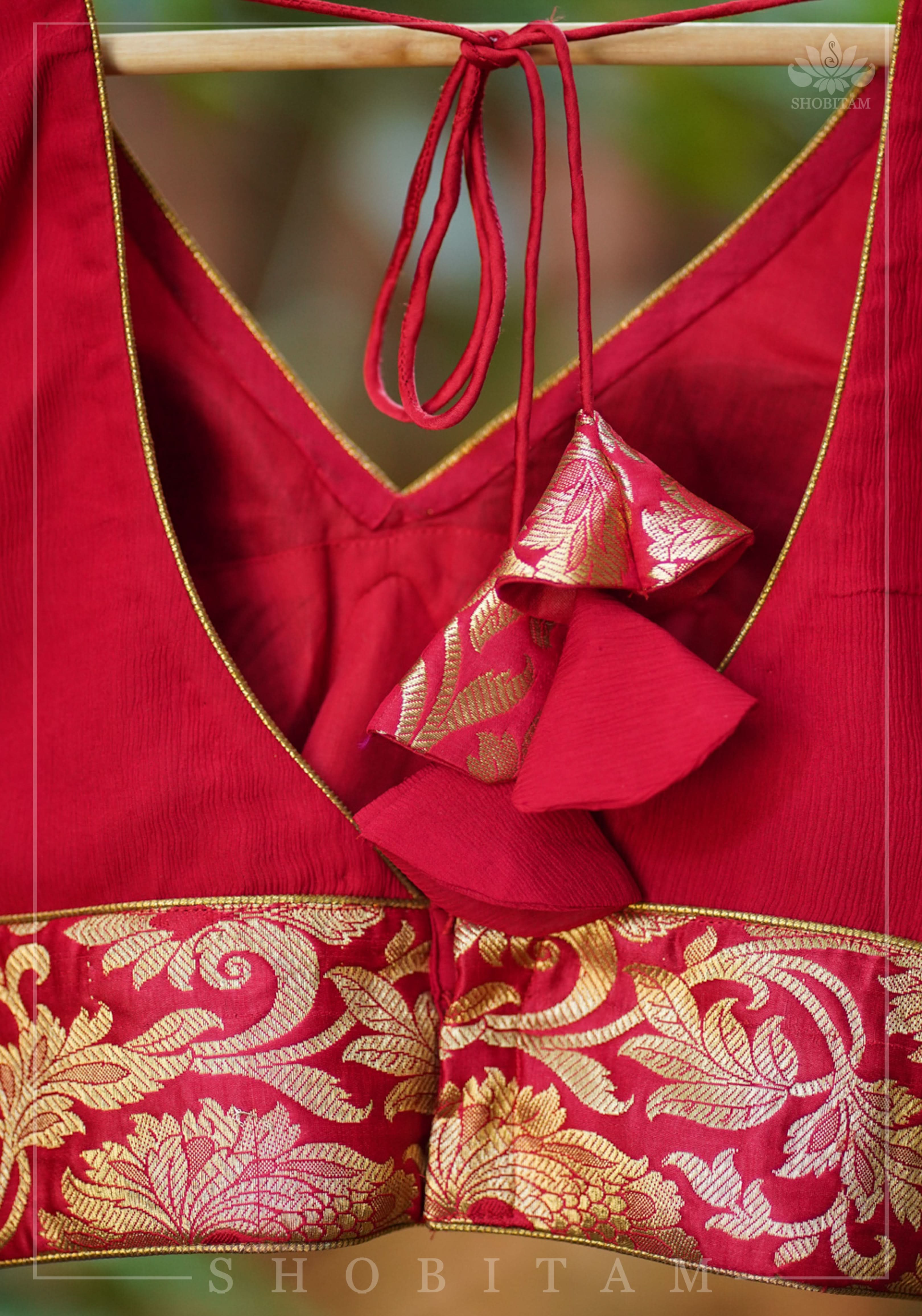 Red Chiffon Blouse with Brocade detailing | Shobitam