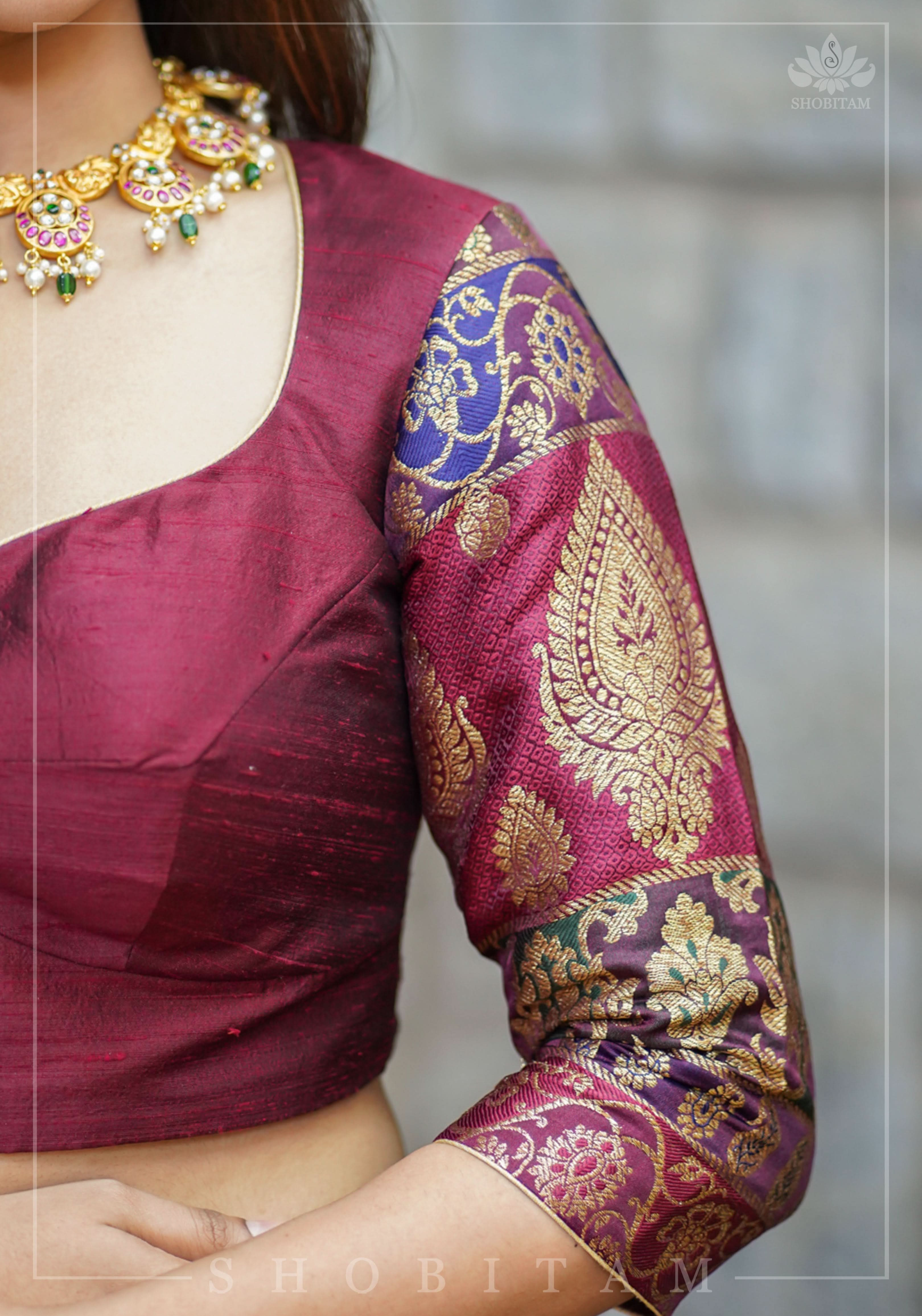 Pure Raw Silk and Below elbow sleeve Sleeve Banarasi Brocade Blouse in Maroon | Shobitam