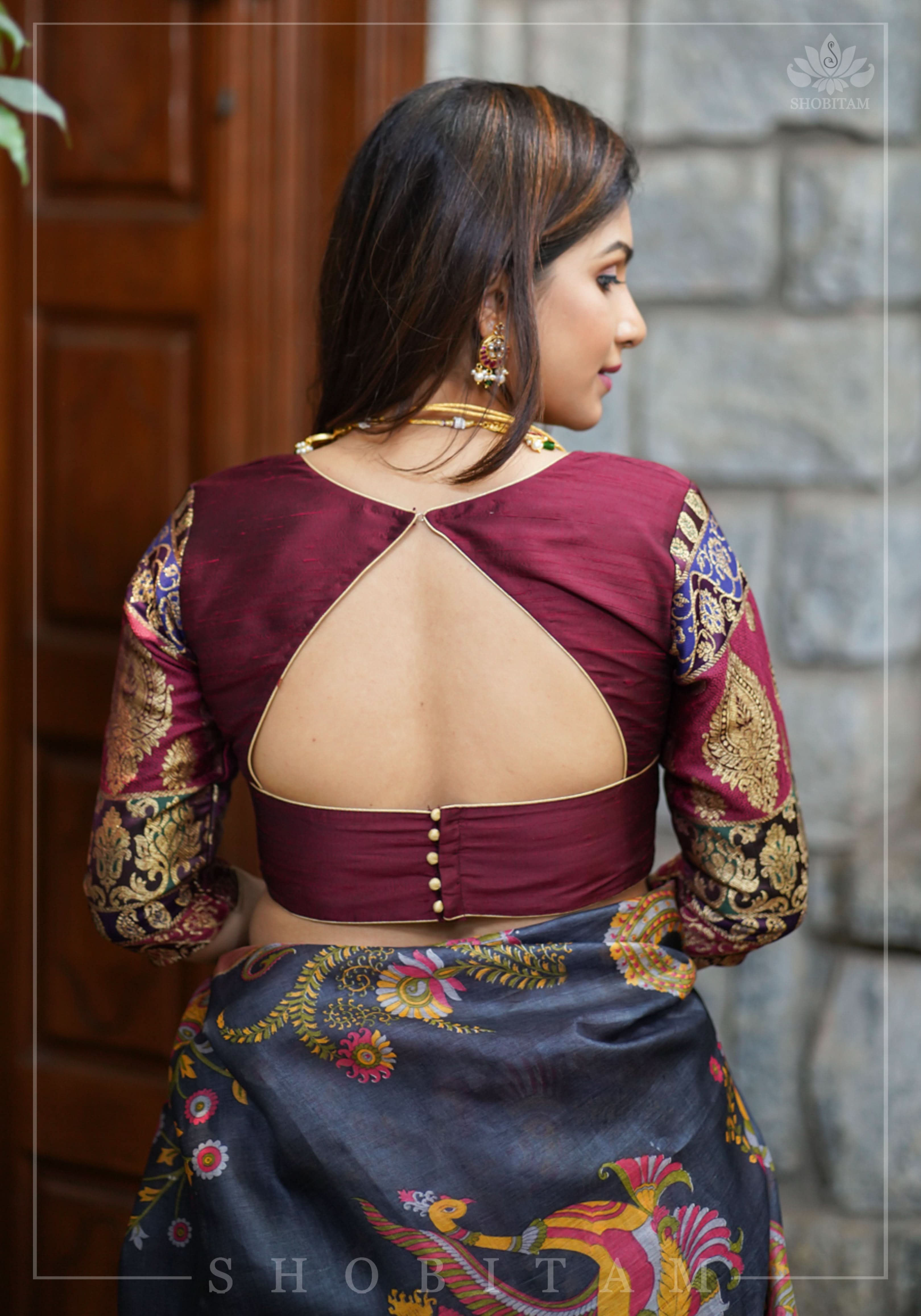 Pure Raw Silk and Below elbow sleeve Sleeve Banarasi Brocade Blouse in Maroon | Shobitam