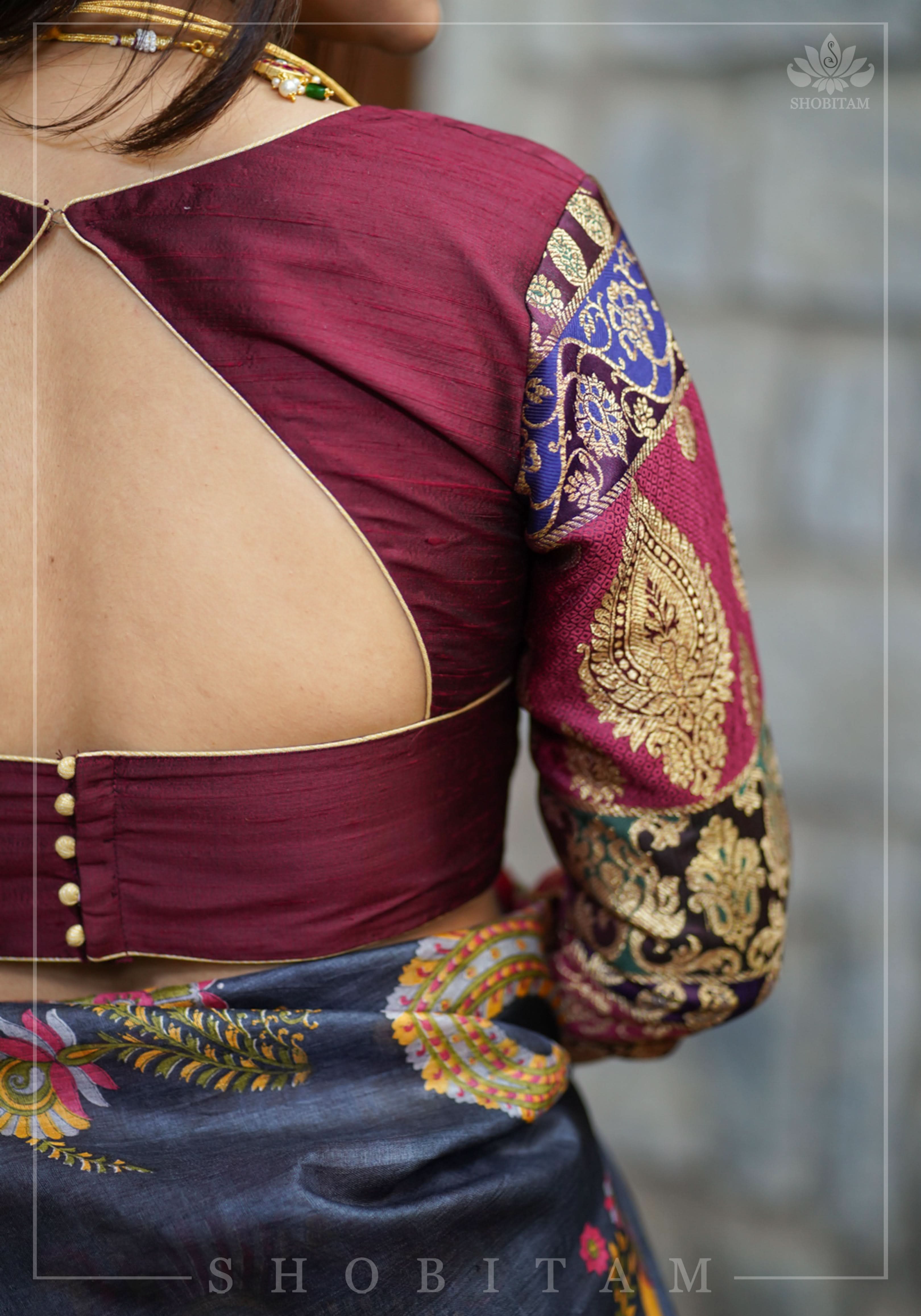 Pure Raw Silk and Below elbow sleeve Sleeve Banarasi Brocade Blouse in Maroon | Shobitam