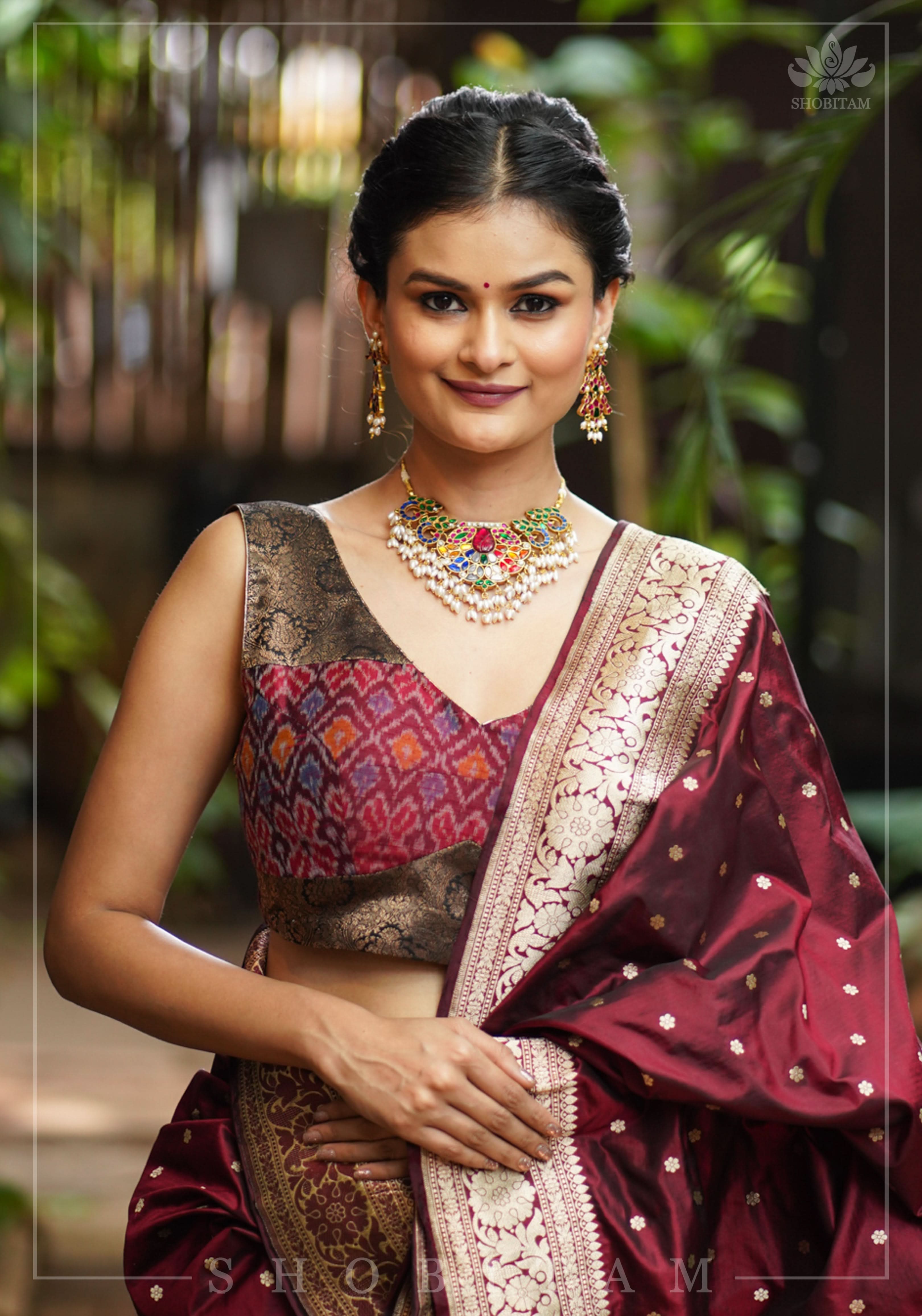 Pure Raw Silk with Ikkat weave and Banarasi pure silk brocade Blouse in maroon and Black | Shobitam