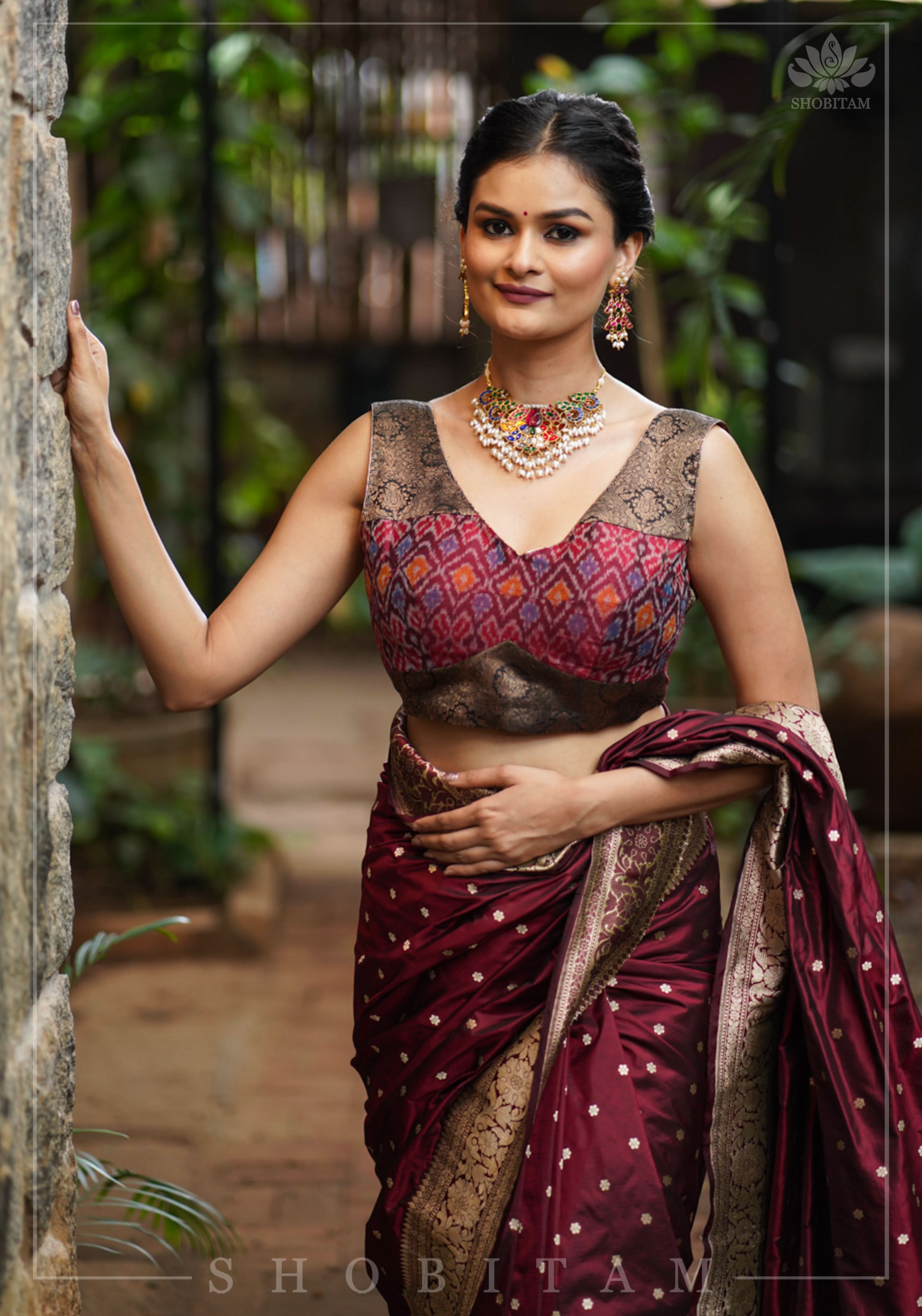 Pure Raw Silk with Ikkat weave and Banarasi pure silk brocade Blouse in maroon and Black | Shobitam