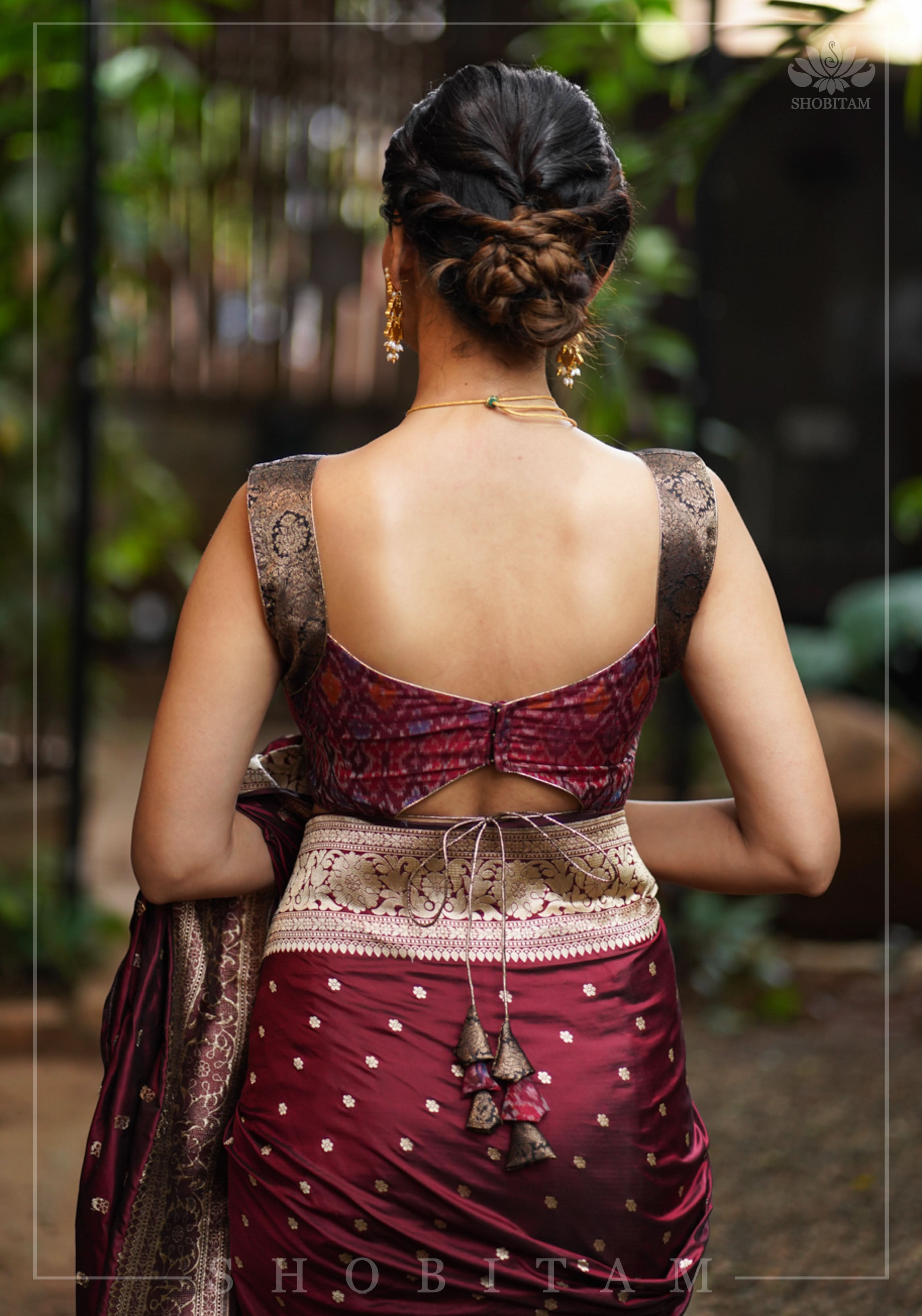 Pure Raw Silk with Ikkat weave and Banarasi pure silk brocade Blouse in maroon and Black | Shobitam