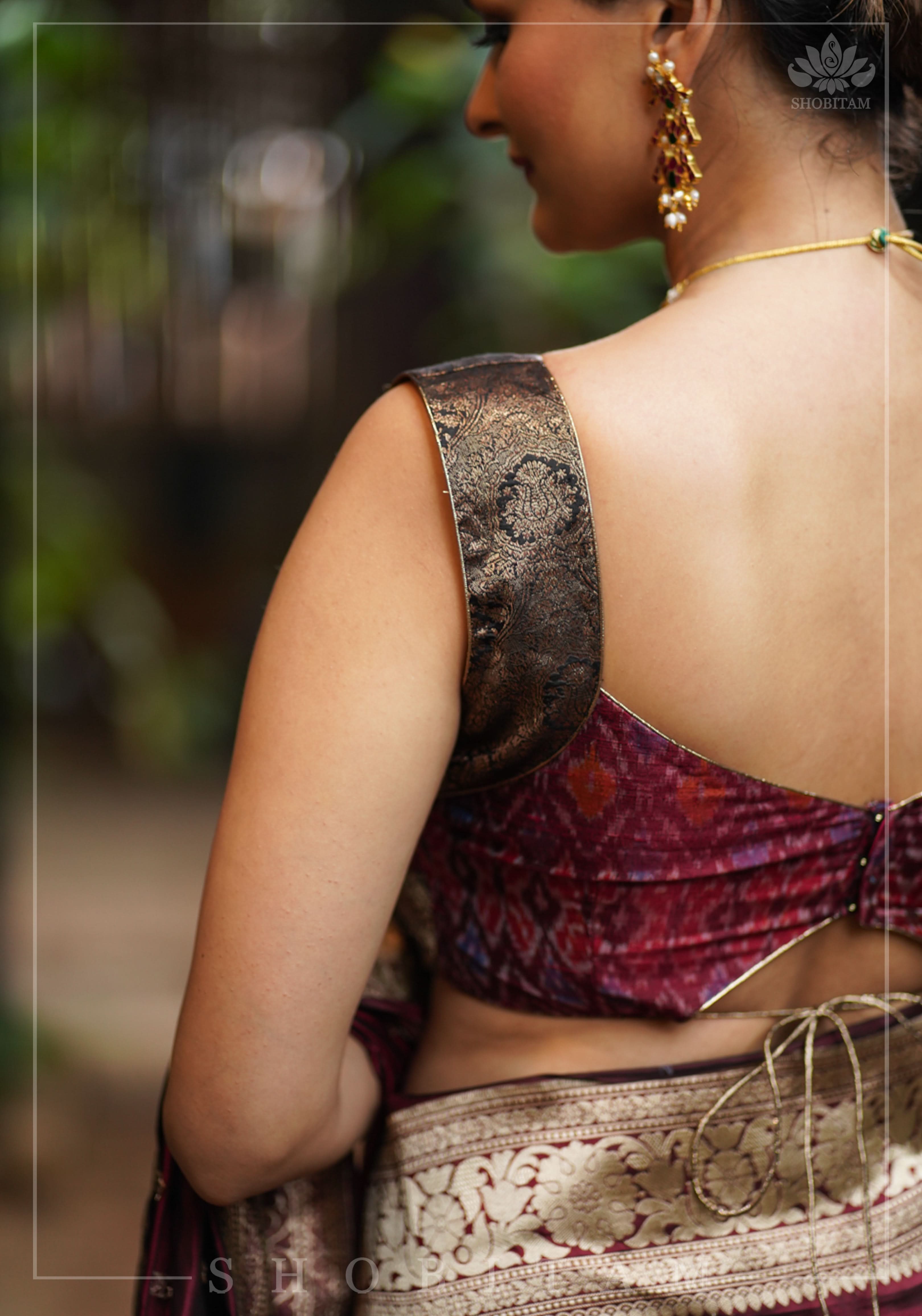 Pure Raw Silk with Ikkat weave and Banarasi pure silk brocade Blouse in maroon and Black | Shobitam
