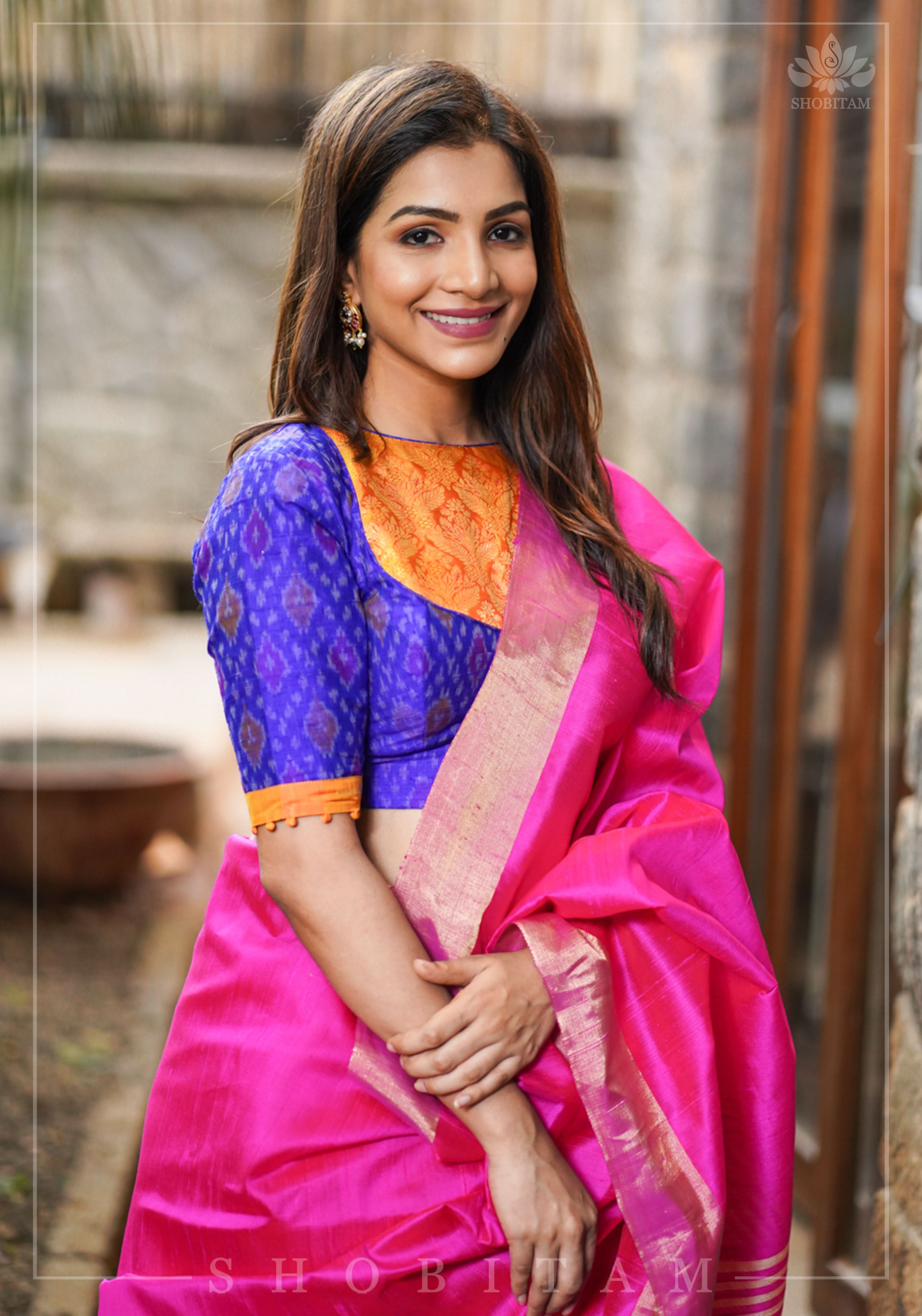 Asymmetric Cutout Pure Silk Ikkat Raw Silk and kanjivaram Silk brocade Fusion Blouse | Shobitam