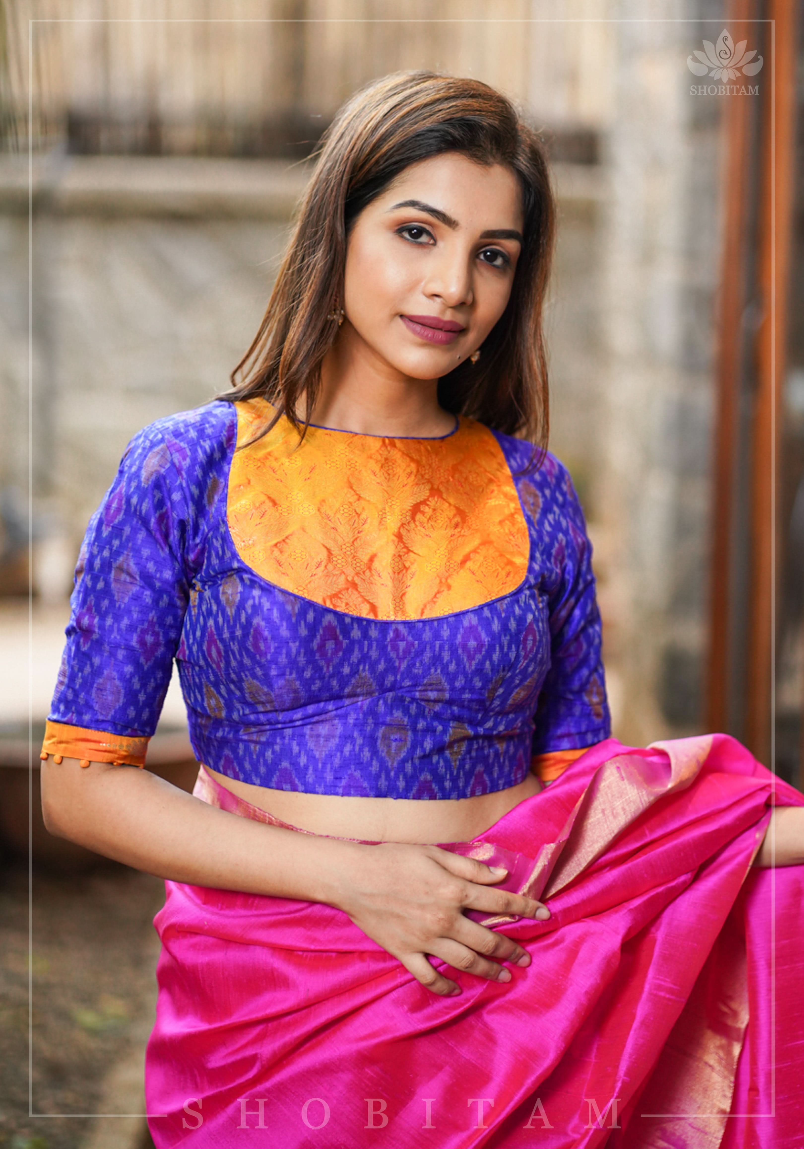 Asymmetric Cutout Pure Silk Ikkat Raw Silk and kanjivaram Silk brocade Fusion Blouse | Shobitam
