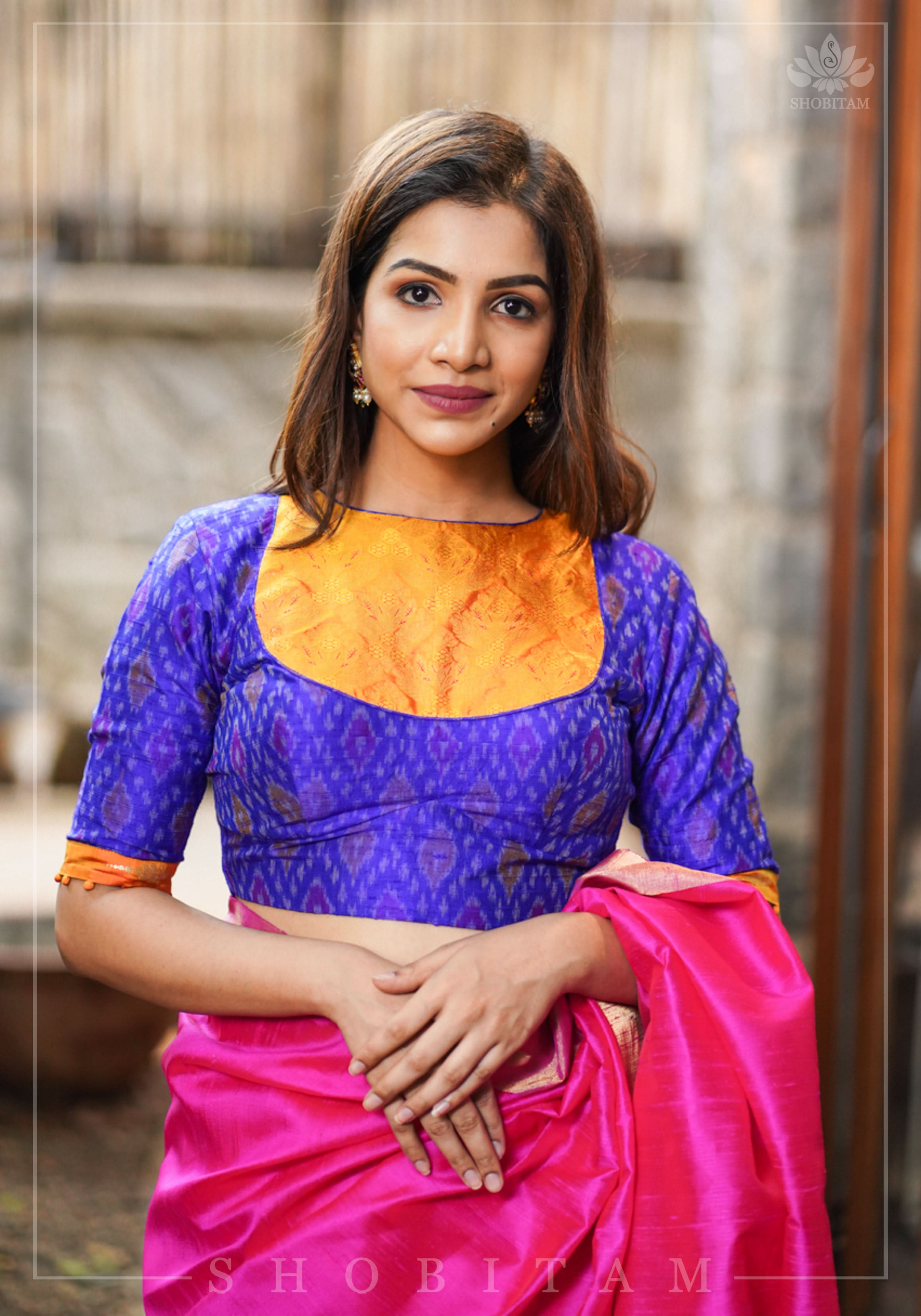 Asymmetric Cutout Pure Silk Ikkat Raw Silk and kanjivaram Silk brocade Fusion Blouse | Shobitam