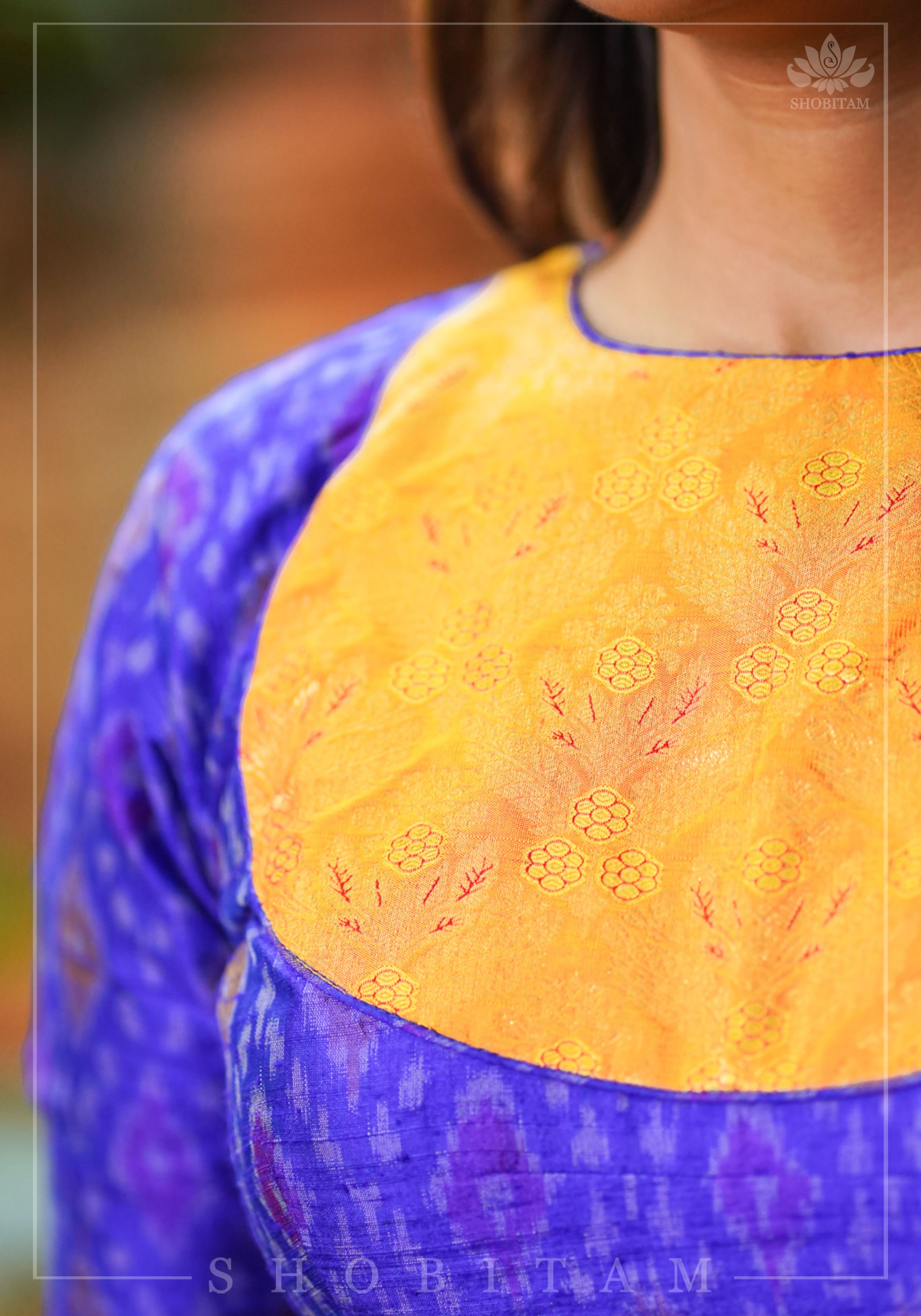 Asymmetric Cutout Pure Silk Ikkat Raw Silk and kanjivaram Silk brocade Fusion Blouse | Shobitam