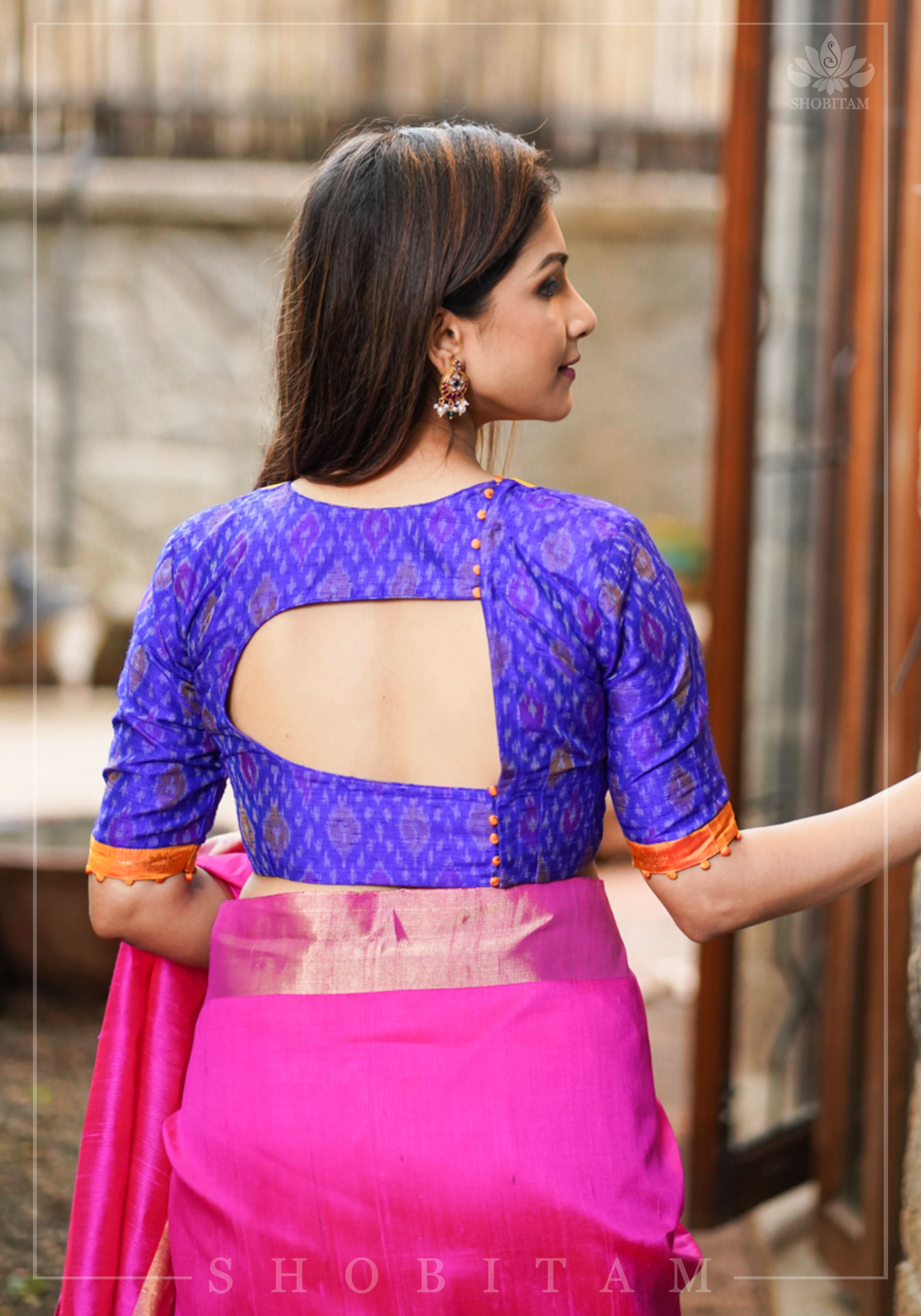 Asymmetric Cutout Pure Silk Ikkat Raw Silk and kanjivaram Silk brocade Fusion Blouse | Shobitam