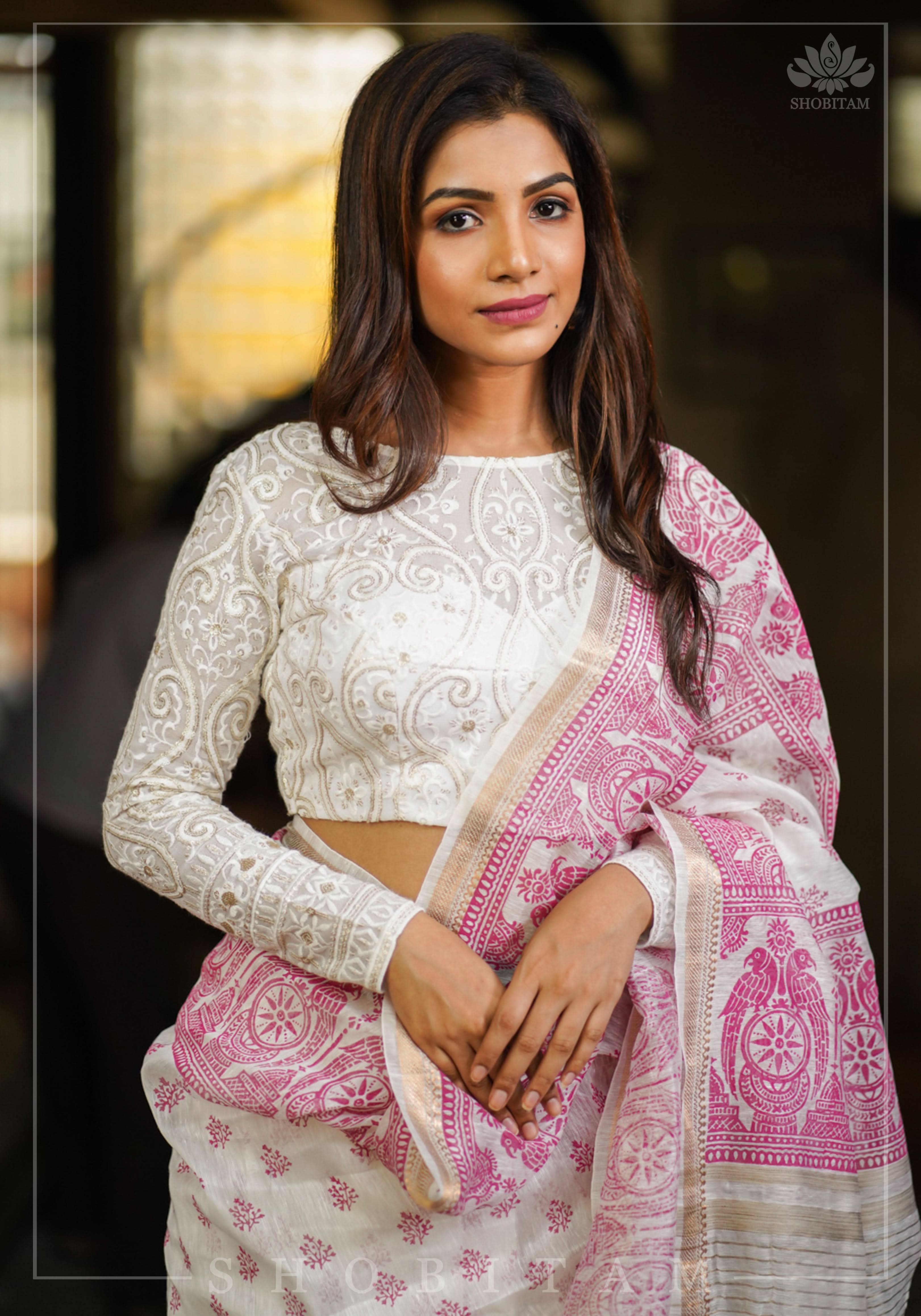 Chikankari style Full Jaal machine embroidered full sleeves blouse in Ivory Georgette with Gold tone highlights | Shobitam