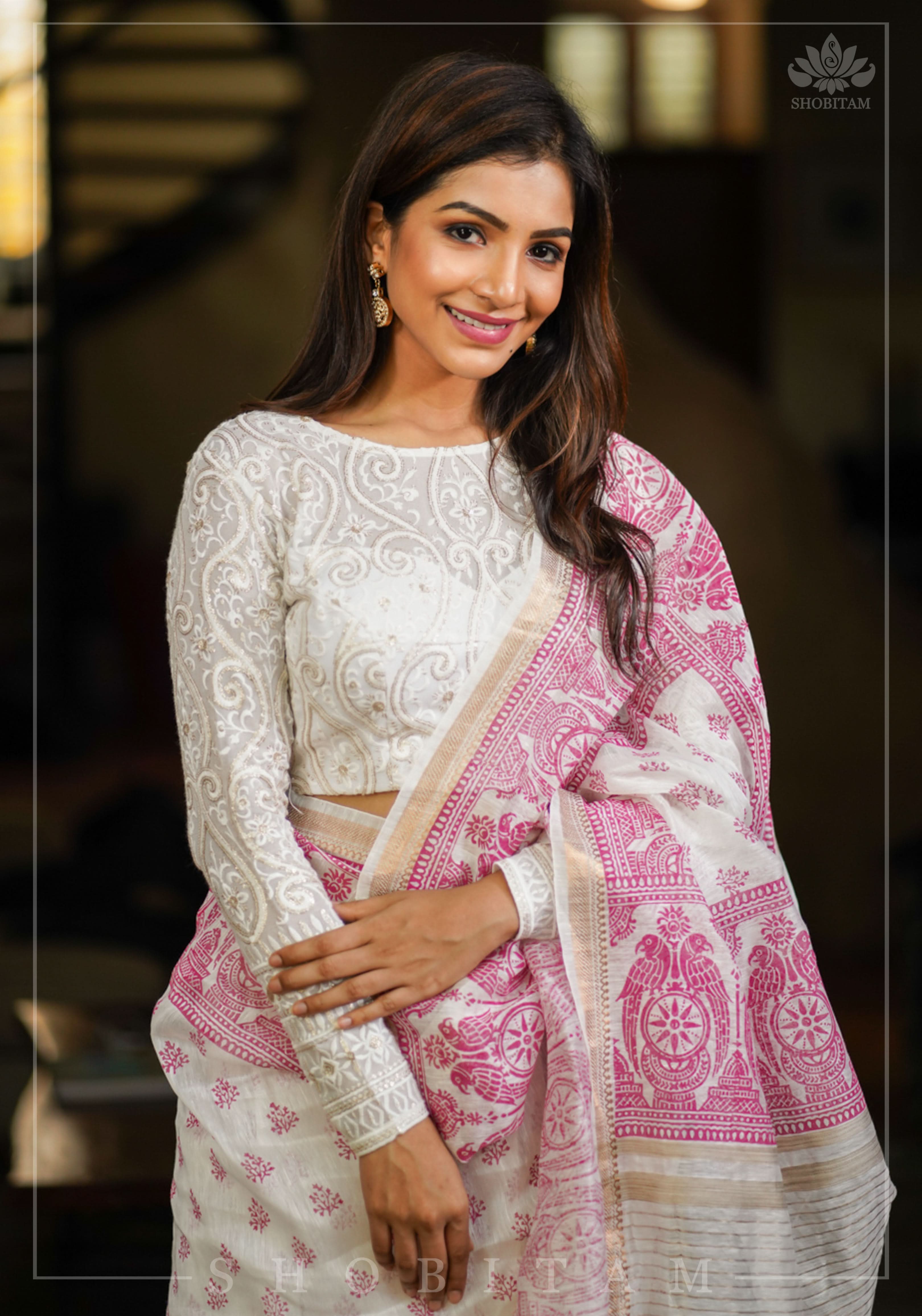 Chikankari style Full Jaal machine embroidered full sleeves blouse in Ivory Georgette with Gold tone highlights | Shobitam