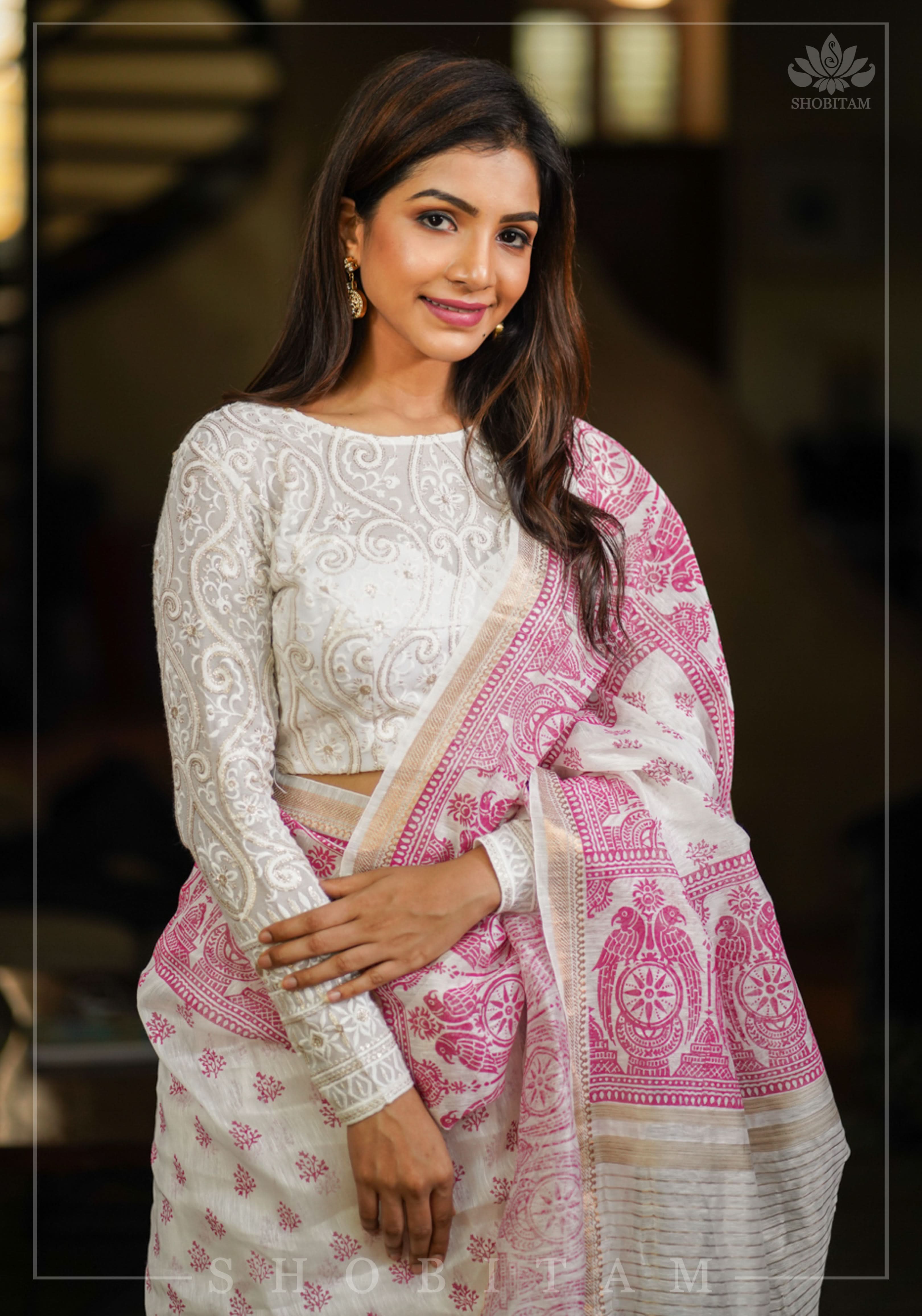 Chikankari style Full Jaal machine embroidered full sleeves blouse in Ivory Georgette with Gold tone highlights | Shobitam