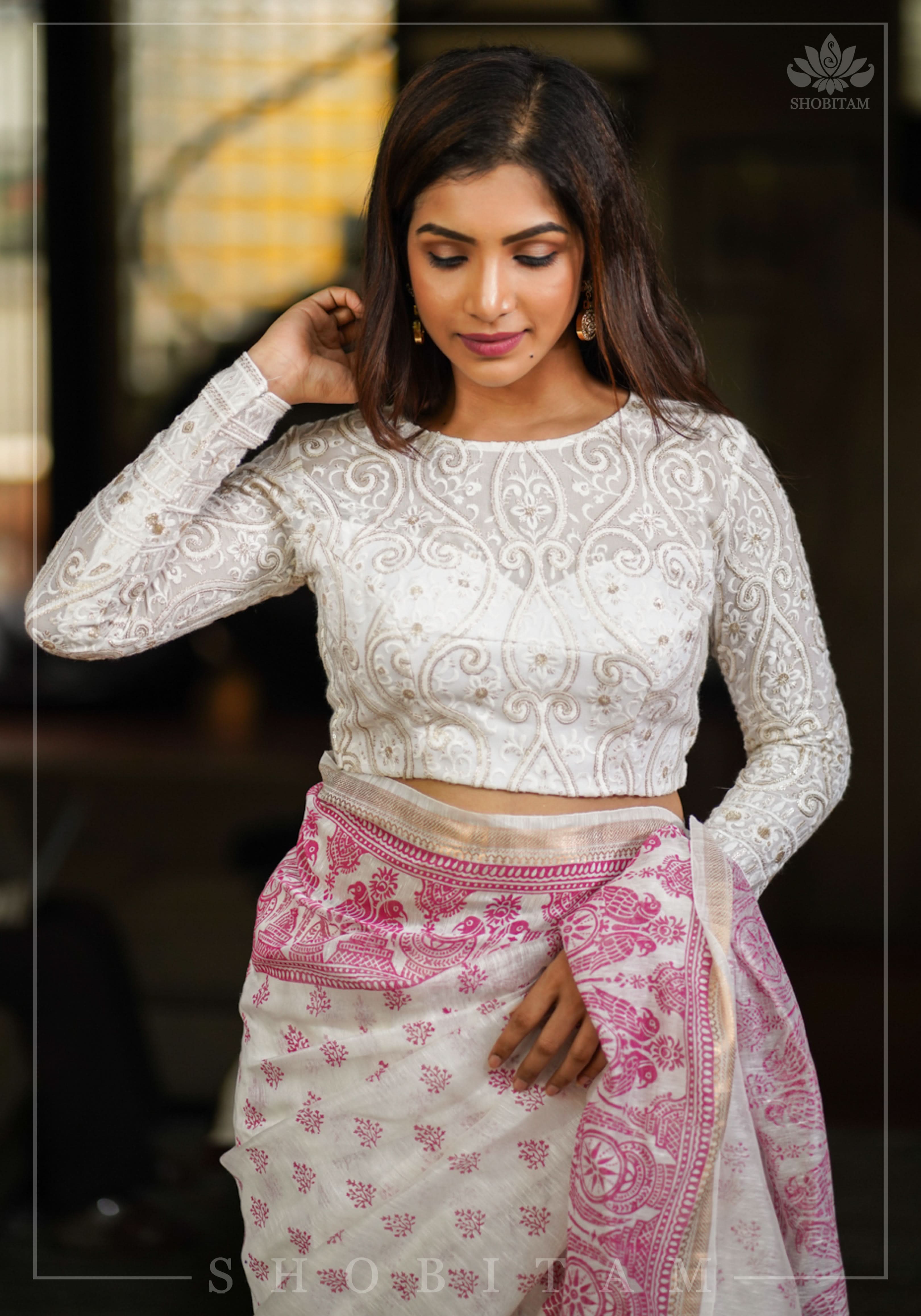 Chikankari style Full Jaal machine embroidered full sleeves blouse in Ivory Georgette with Gold tone highlights | Shobitam