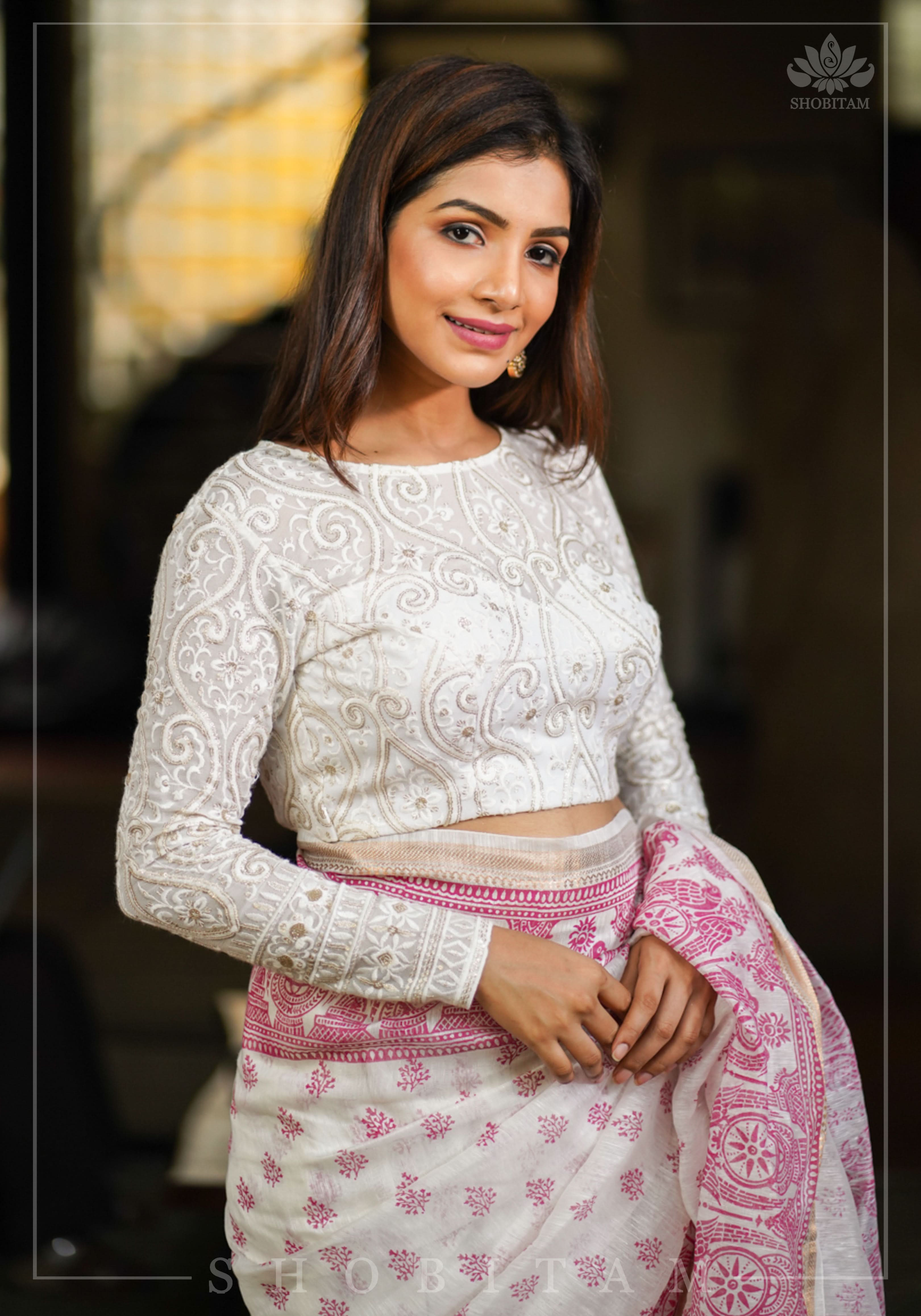 Chikankari style Full Jaal machine embroidered full sleeves blouse in Ivory Georgette with Gold tone highlights | Shobitam