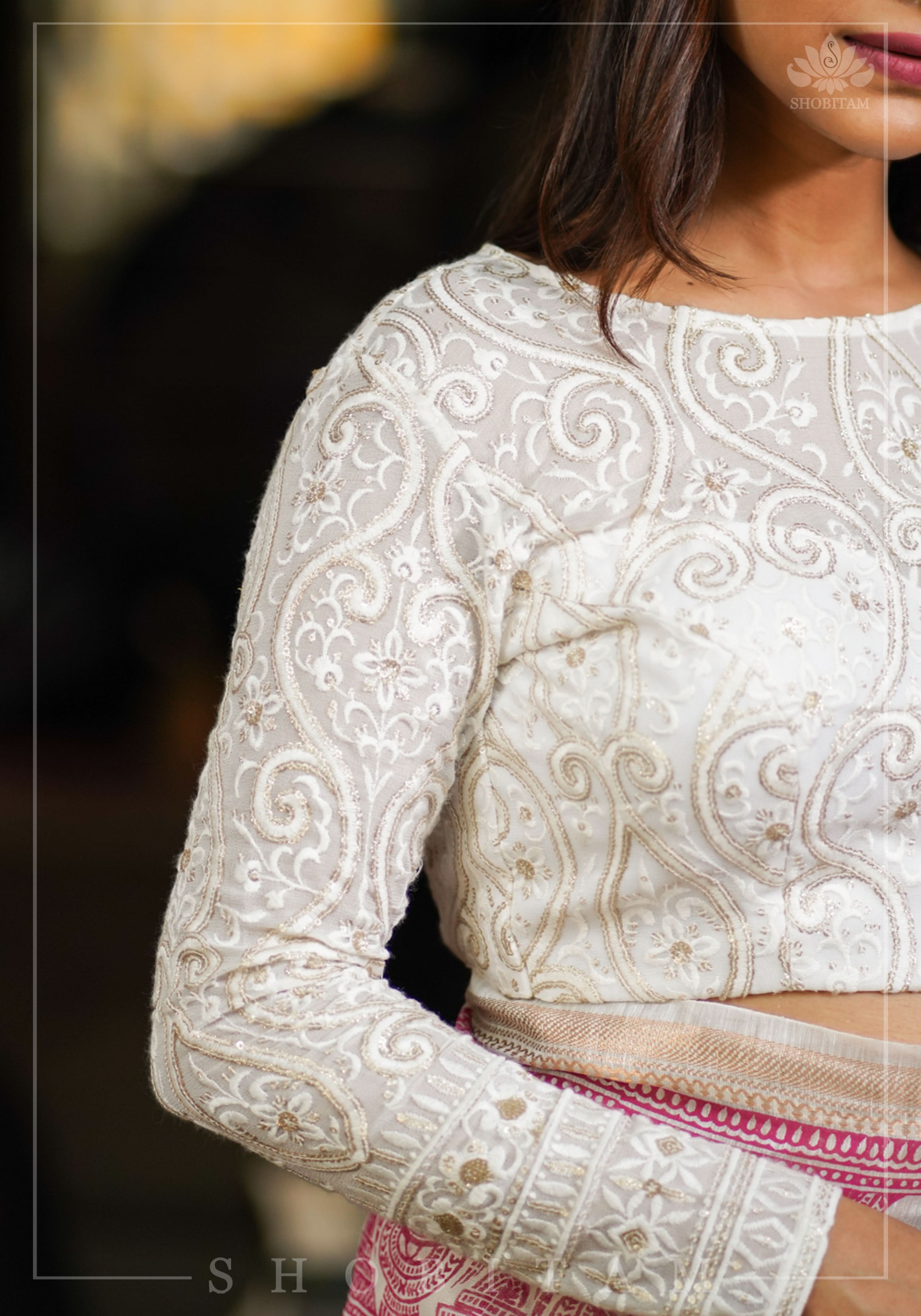 Chikankari style Full Jaal machine embroidered full sleeves blouse in Ivory Georgette with Gold tone highlights | Shobitam