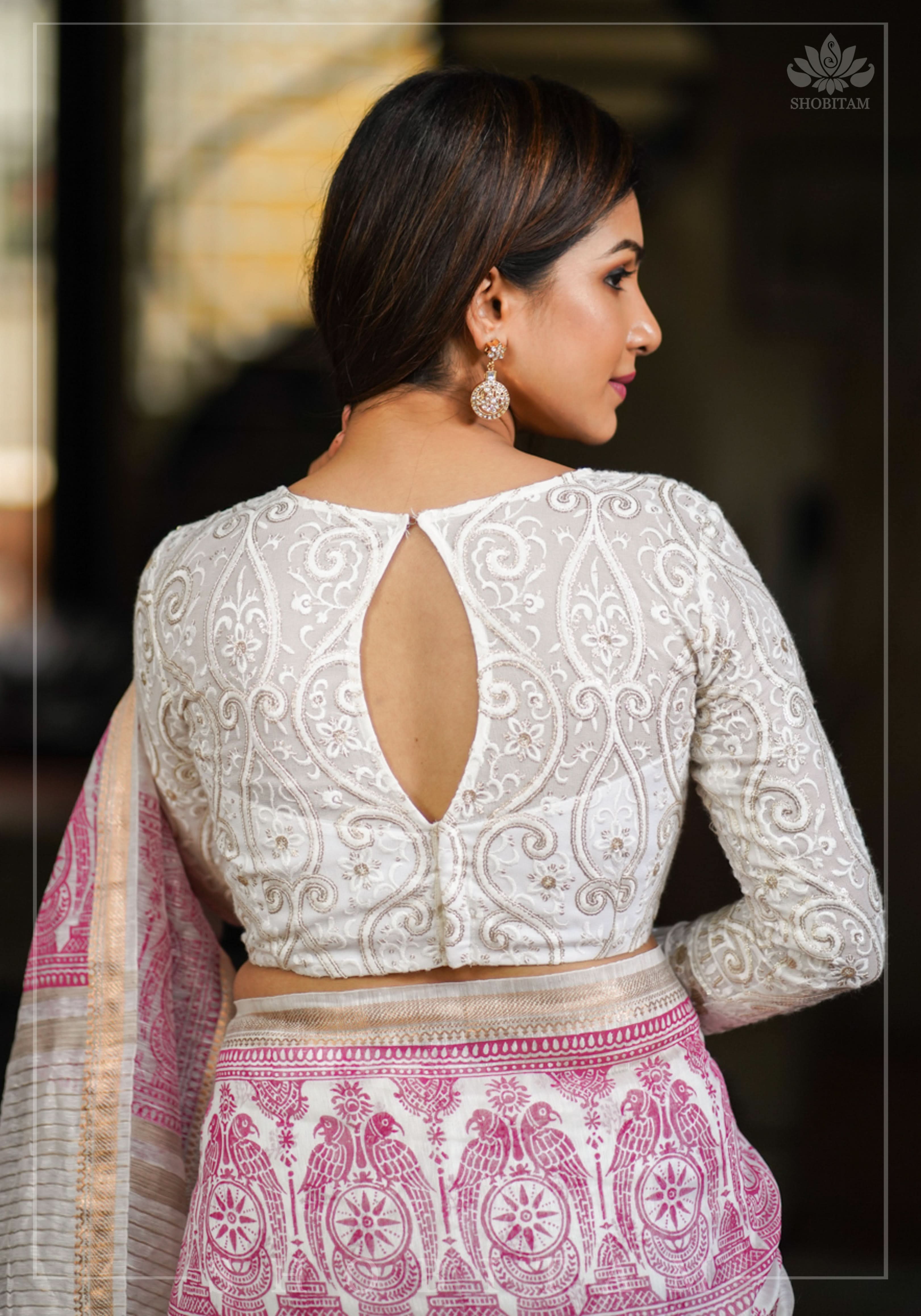 Chikankari style Full Jaal machine embroidered full sleeves blouse in Ivory Georgette with Gold tone highlights | Shobitam