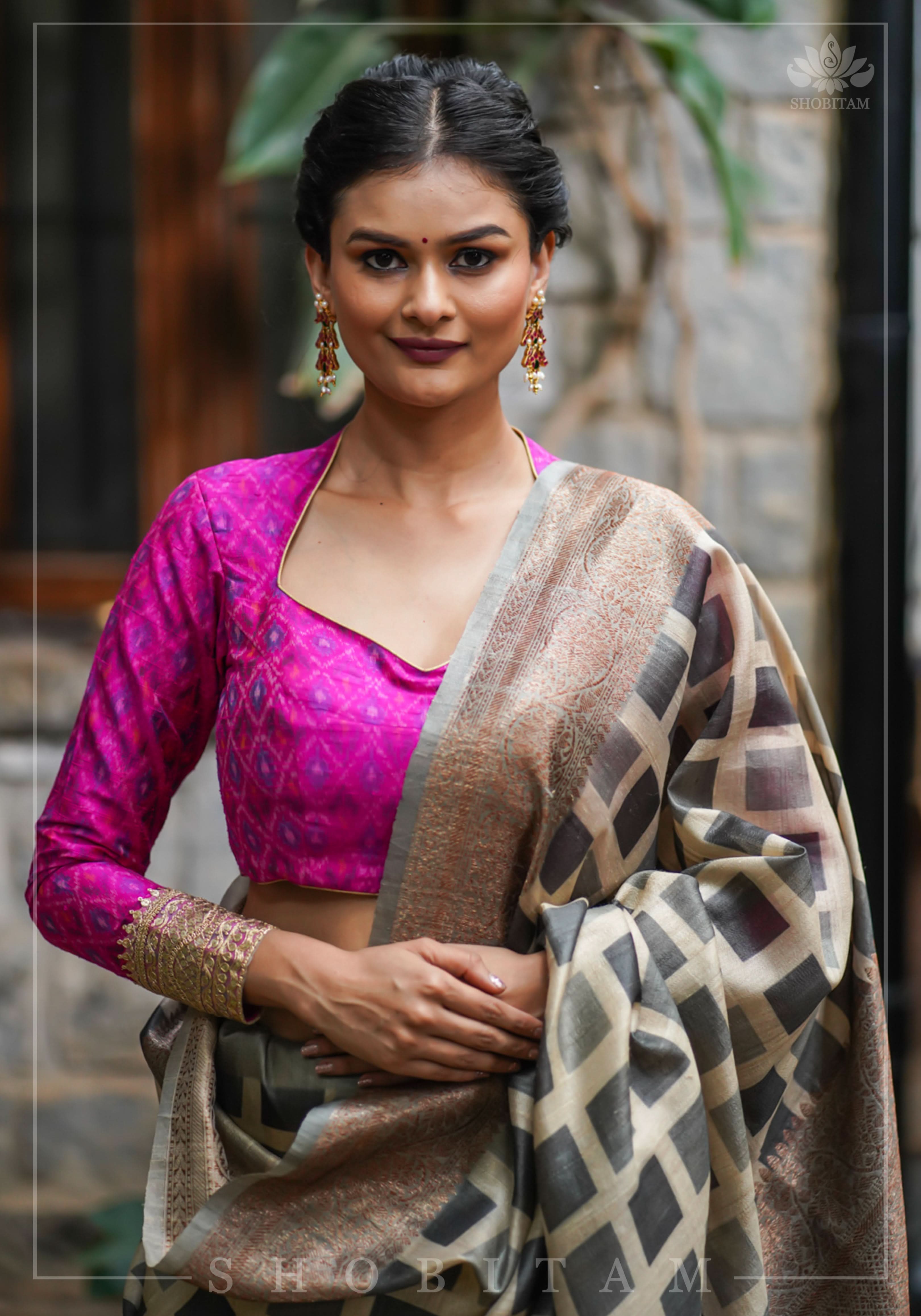 Authentic Ikkat weave on Pure Raw Silk Full Sleeve Blouse with Gotta embellishments | Shobitam
