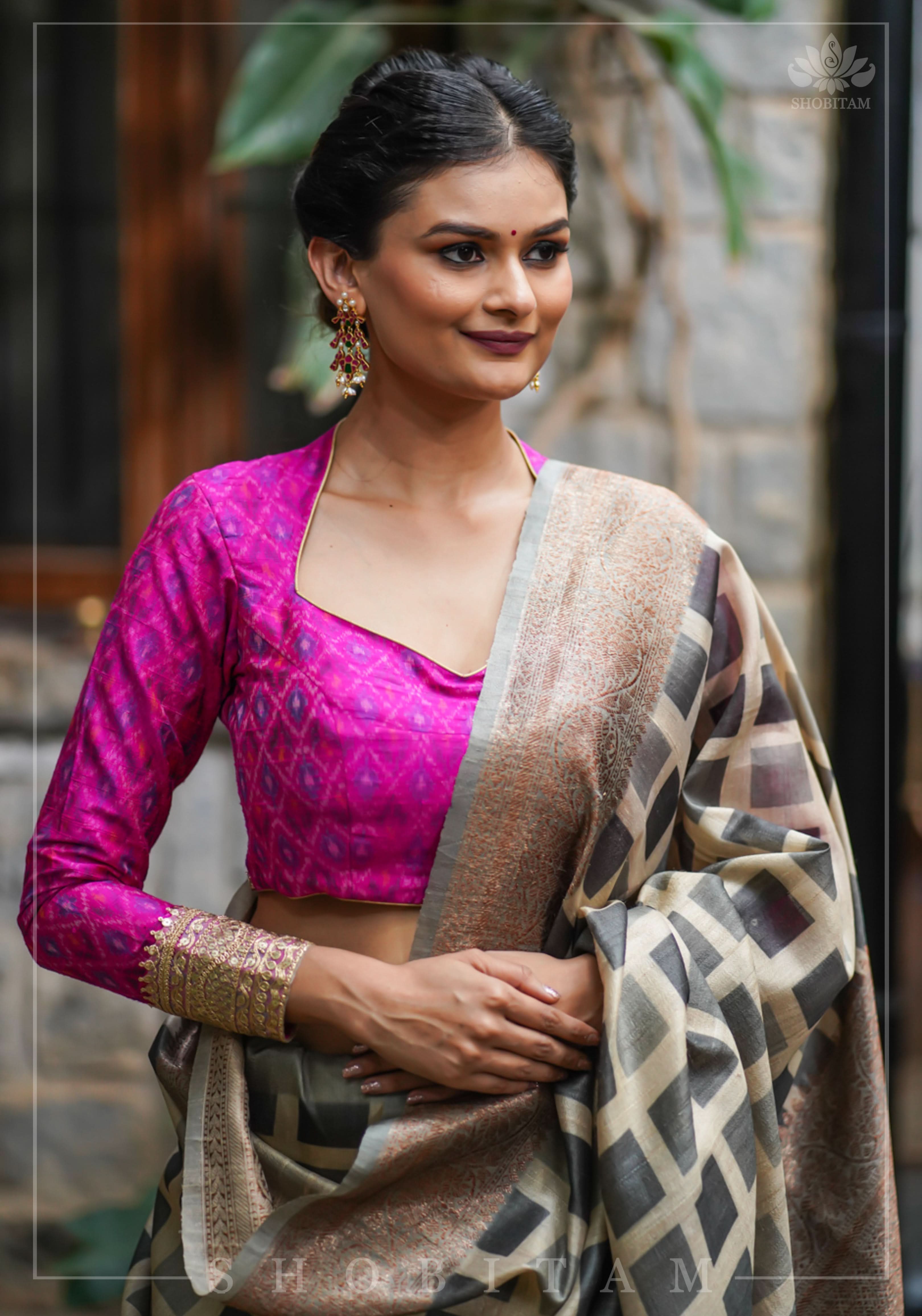 Authentic Ikkat weave on Pure Raw Silk Full Sleeve Blouse with Gotta embellishments | Shobitam