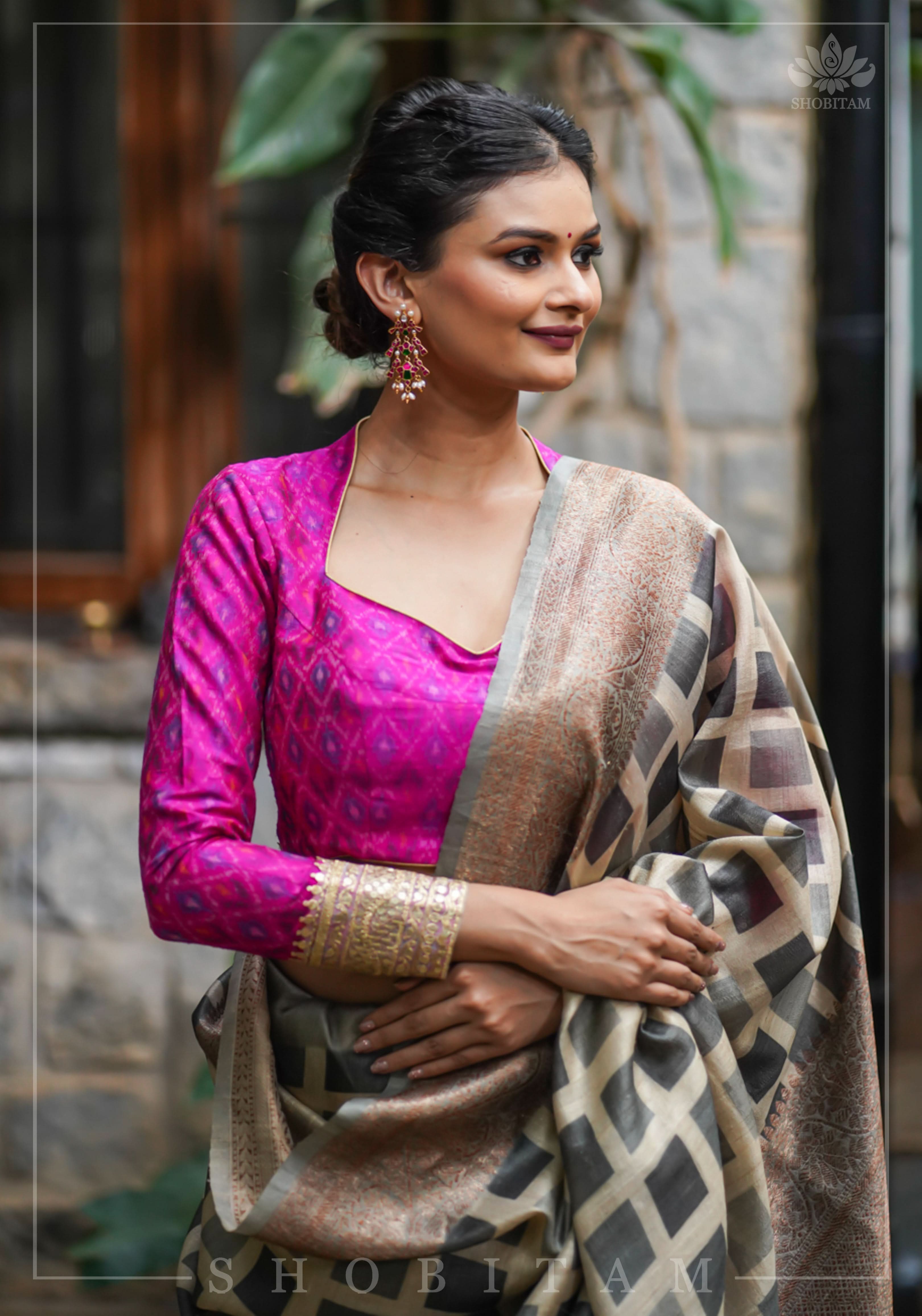 Authentic Ikkat weave on Pure Raw Silk Full Sleeve Blouse with Gotta embellishments | Shobitam
