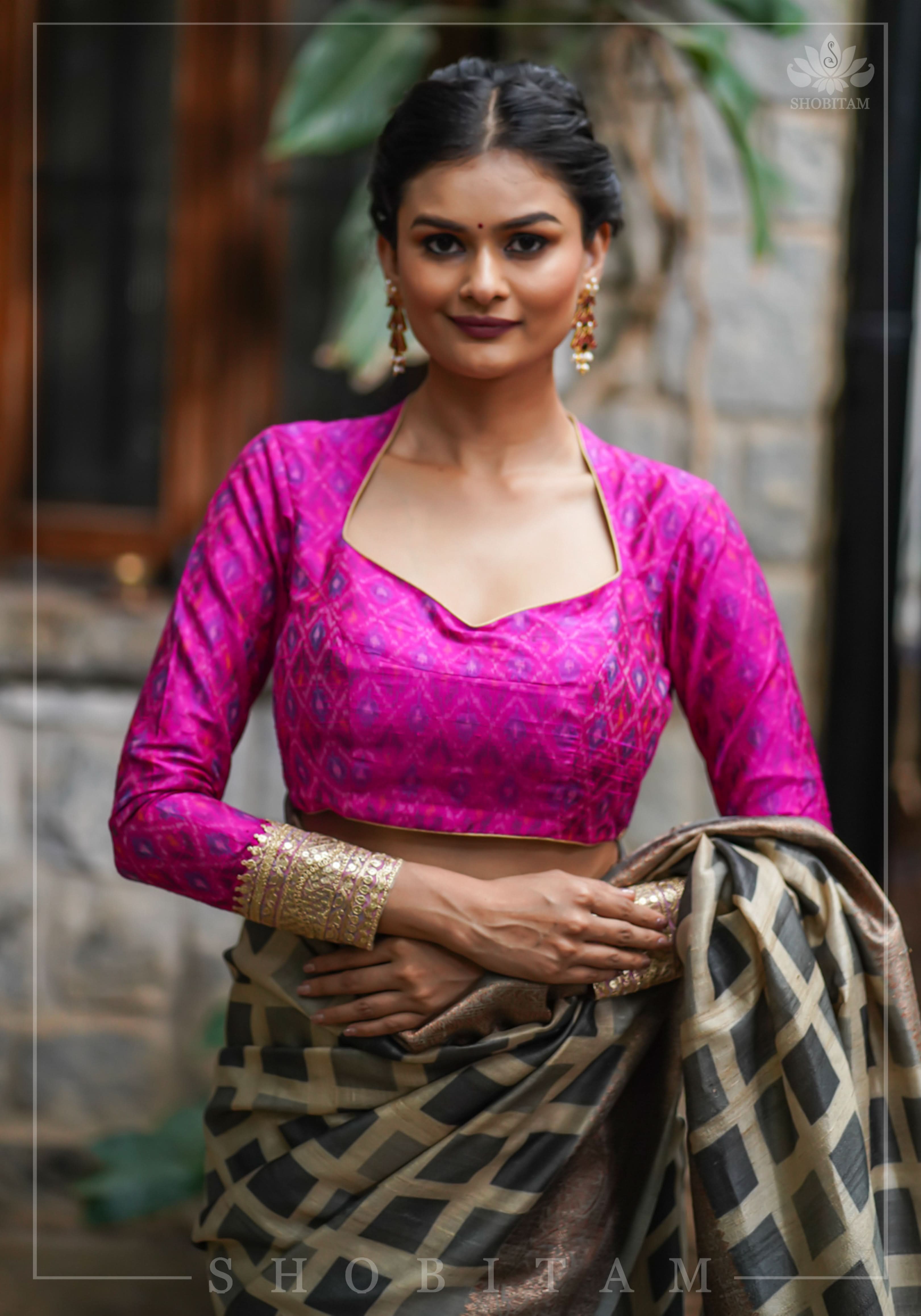 Authentic Ikkat weave on Pure Raw Silk Full Sleeve Blouse with Gotta embellishments | Shobitam