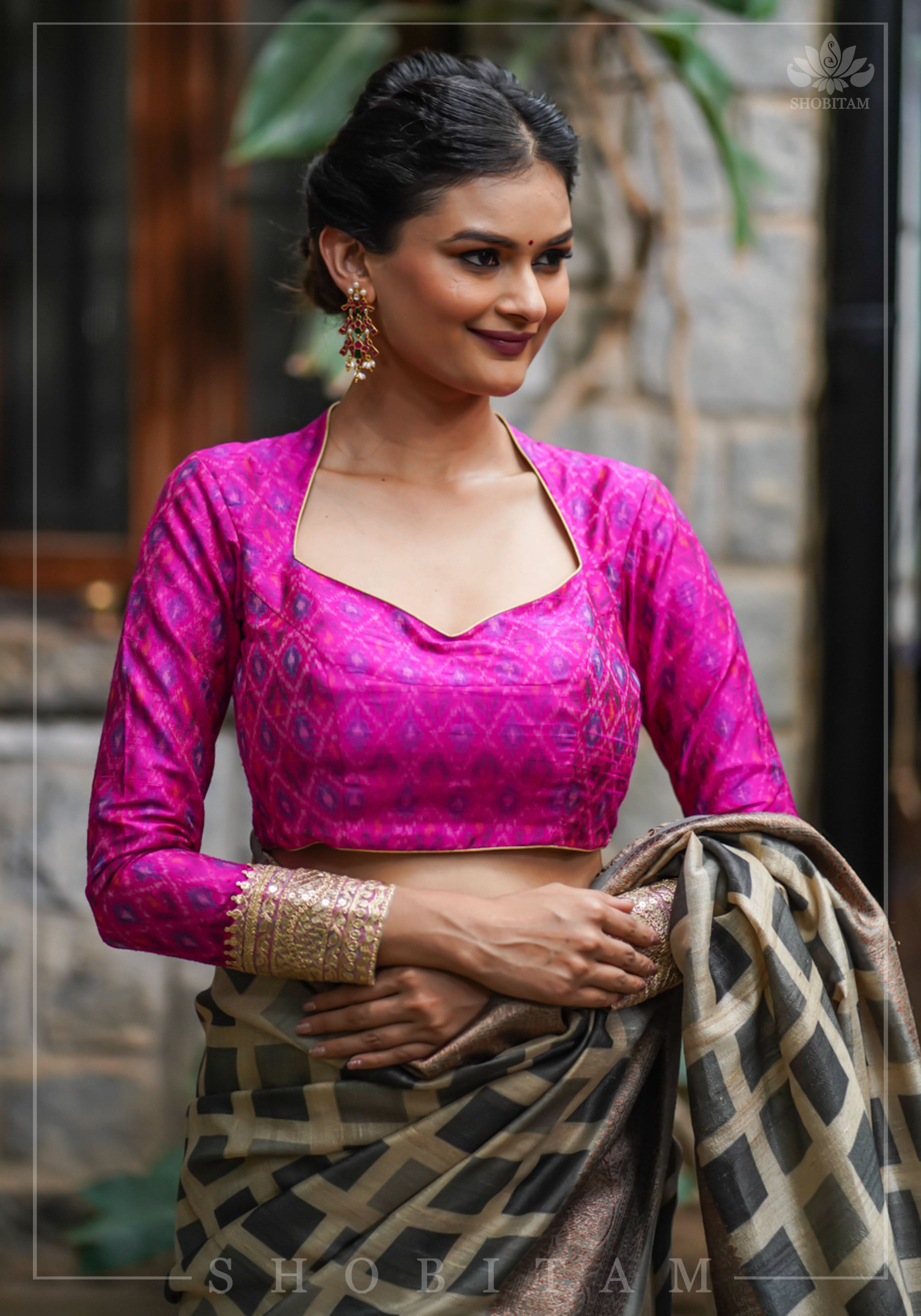 Authentic Ikkat weave on Pure Raw Silk Full Sleeve Blouse with Gotta embellishments | Shobitam