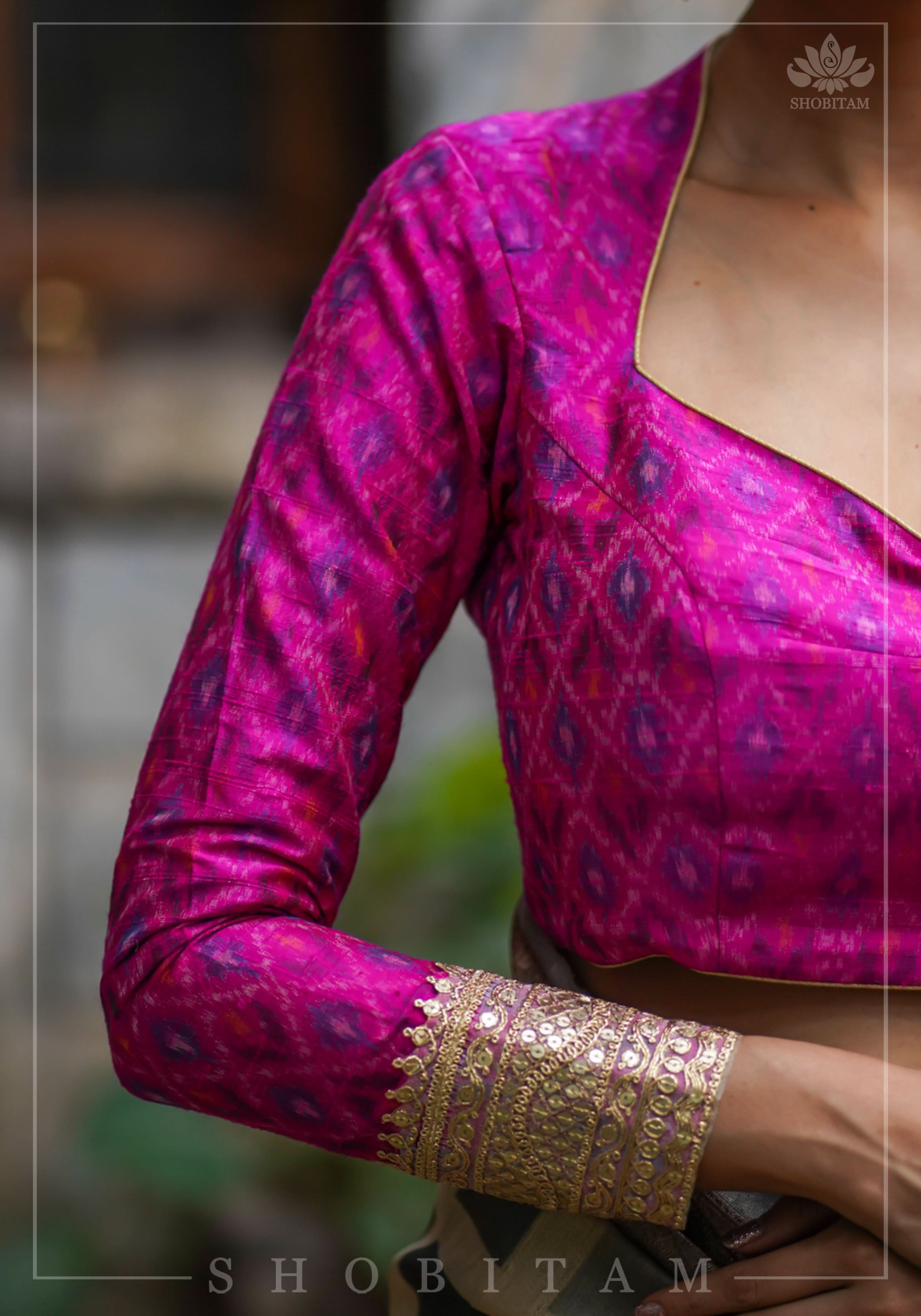 Authentic Ikkat weave on Pure Raw Silk Full Sleeve Blouse with Gotta embellishments | Shobitam