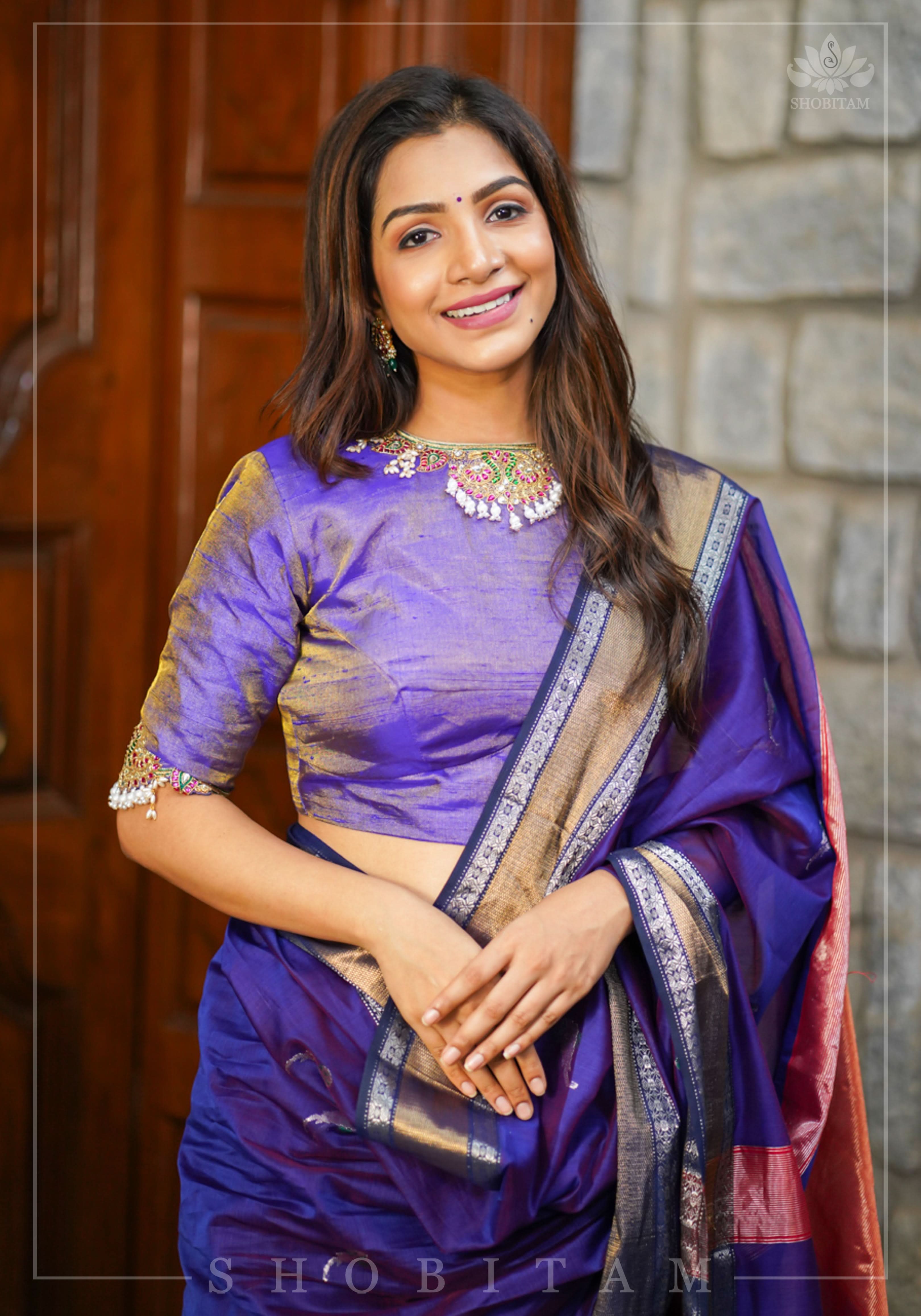 Guttapusalu and bajuband handwork on exotic Pure Tissue Raw Silk Blouse in Lilac | Shobitam