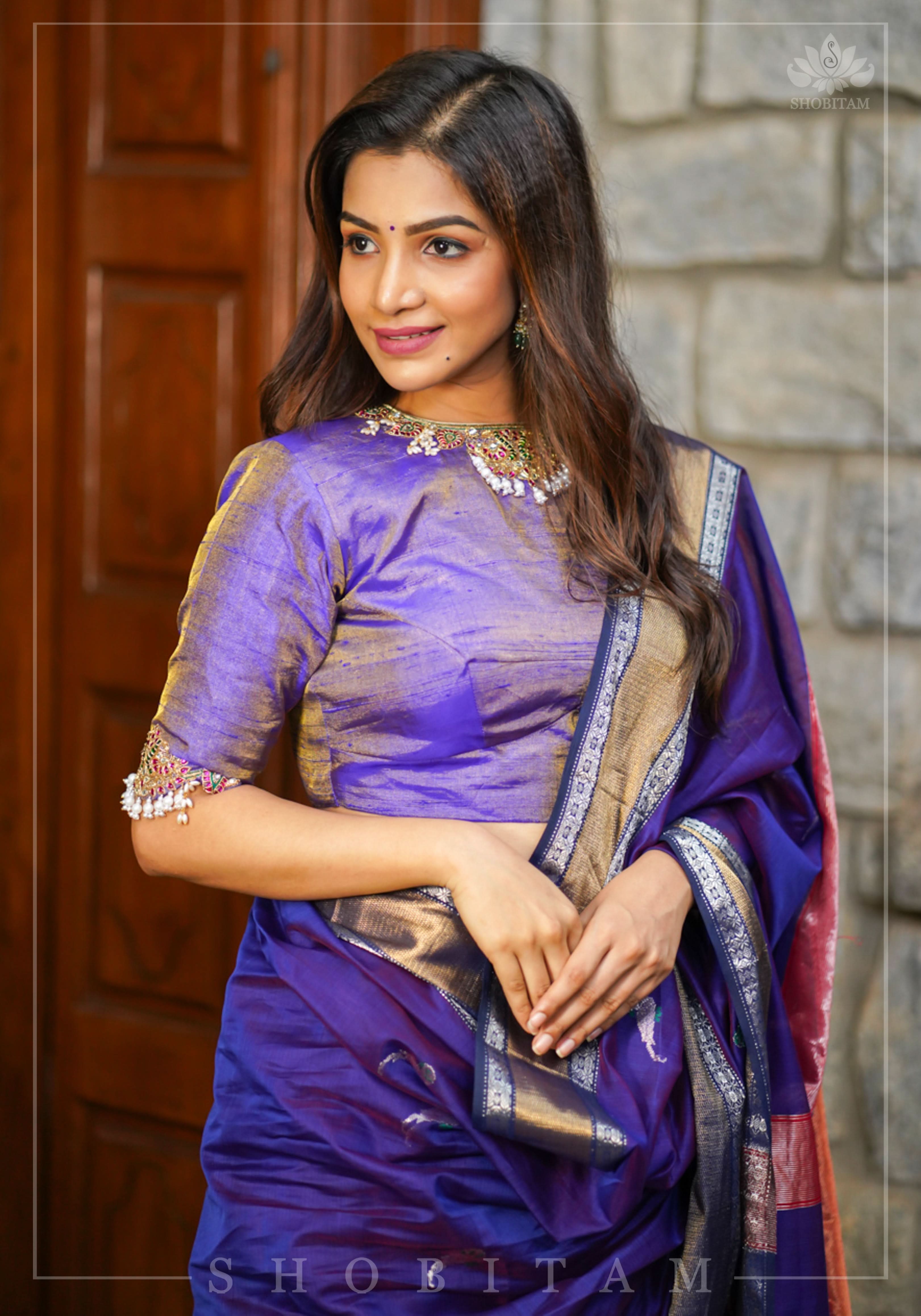 Guttapusalu and bajuband handwork on exotic Pure Tissue Raw Silk Blouse in Lilac | Shobitam