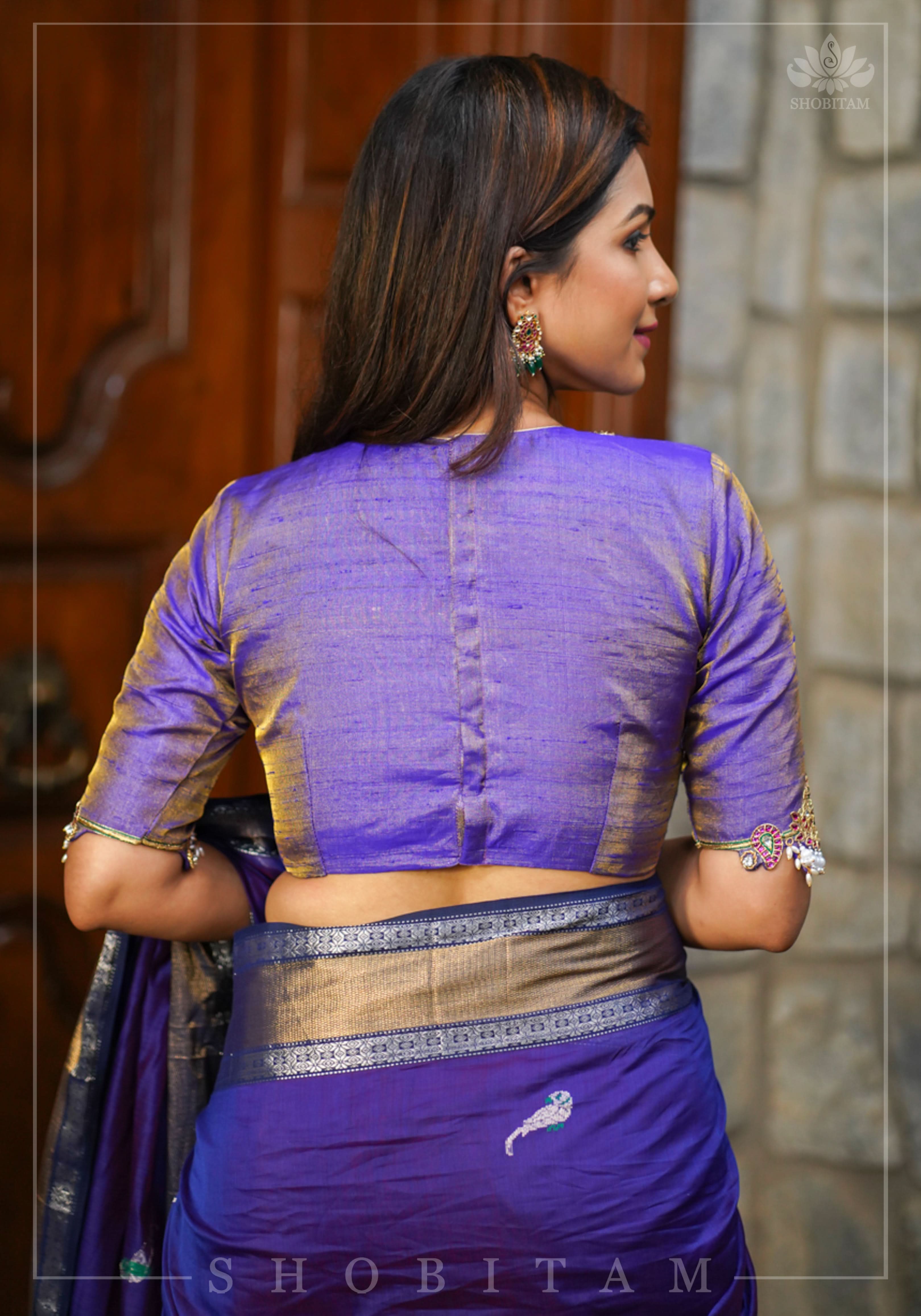 Guttapusalu and bajuband handwork on exotic Pure Tissue Raw Silk Blouse in Lilac | Shobitam
