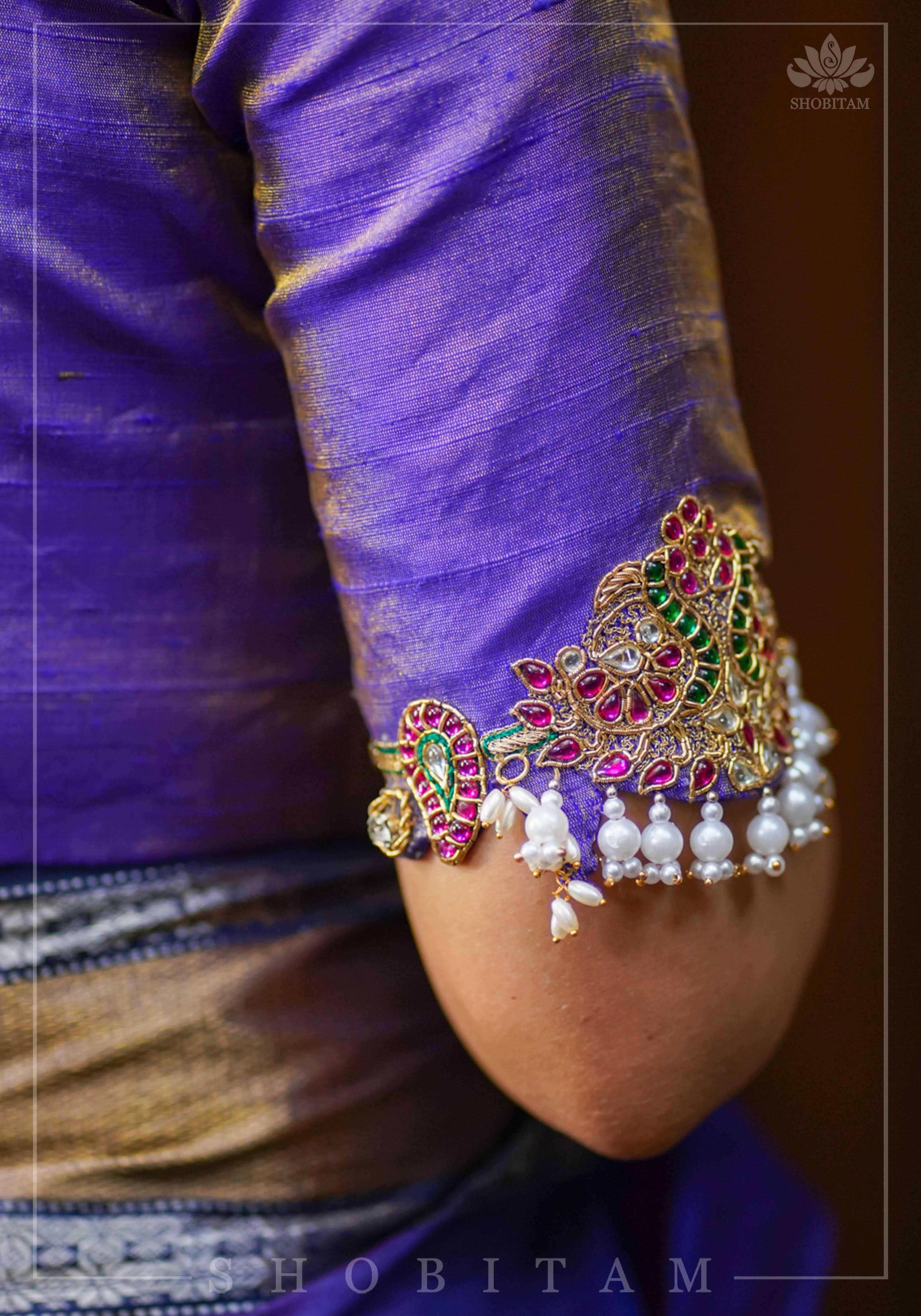 Guttapusalu and bajuband handwork on exotic Pure Tissue Raw Silk Blouse in Lilac | Shobitam