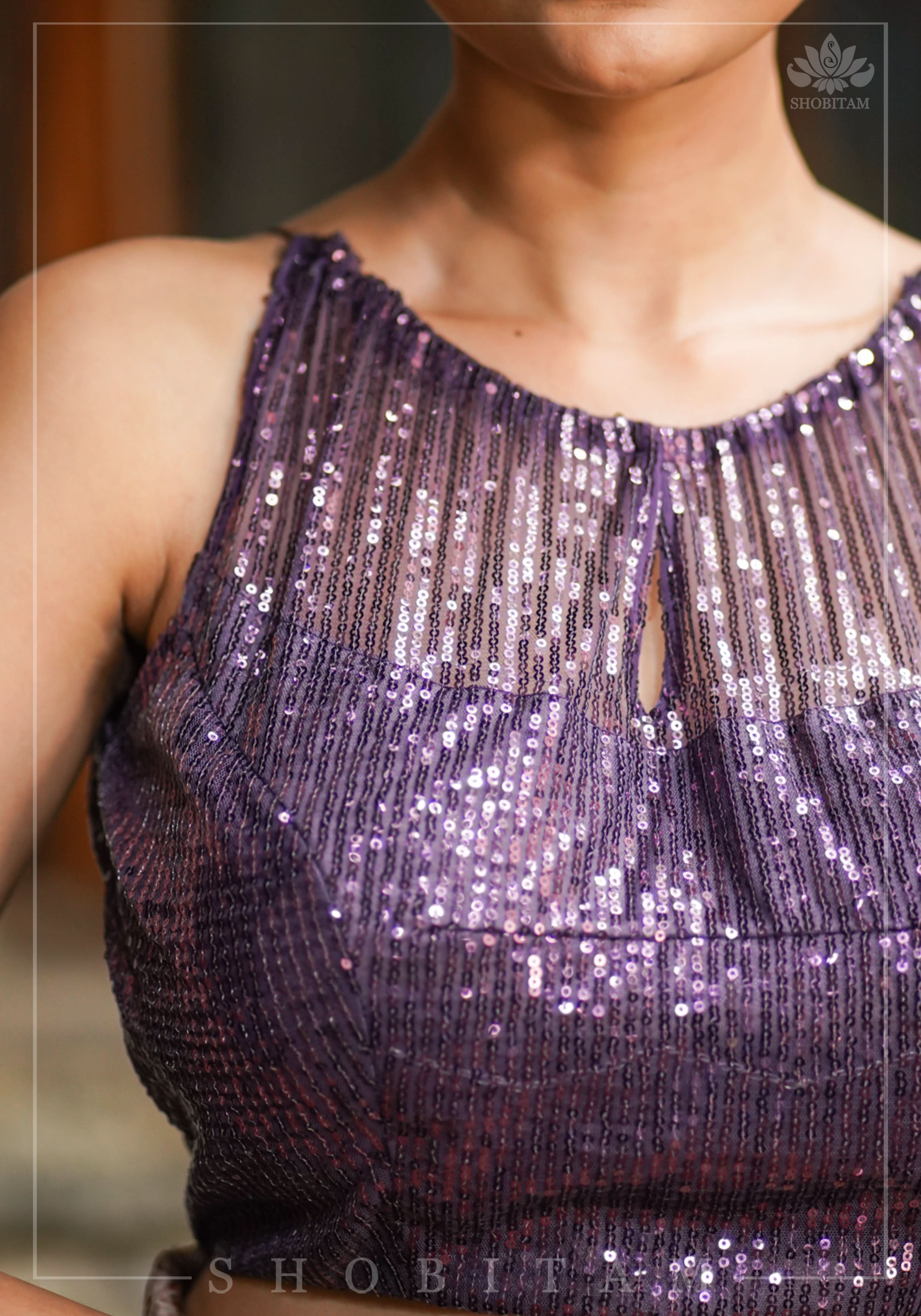 Stylish Amethyst Gathered Neck Blouse with self tone sequins and sheer yoke | Shobitam