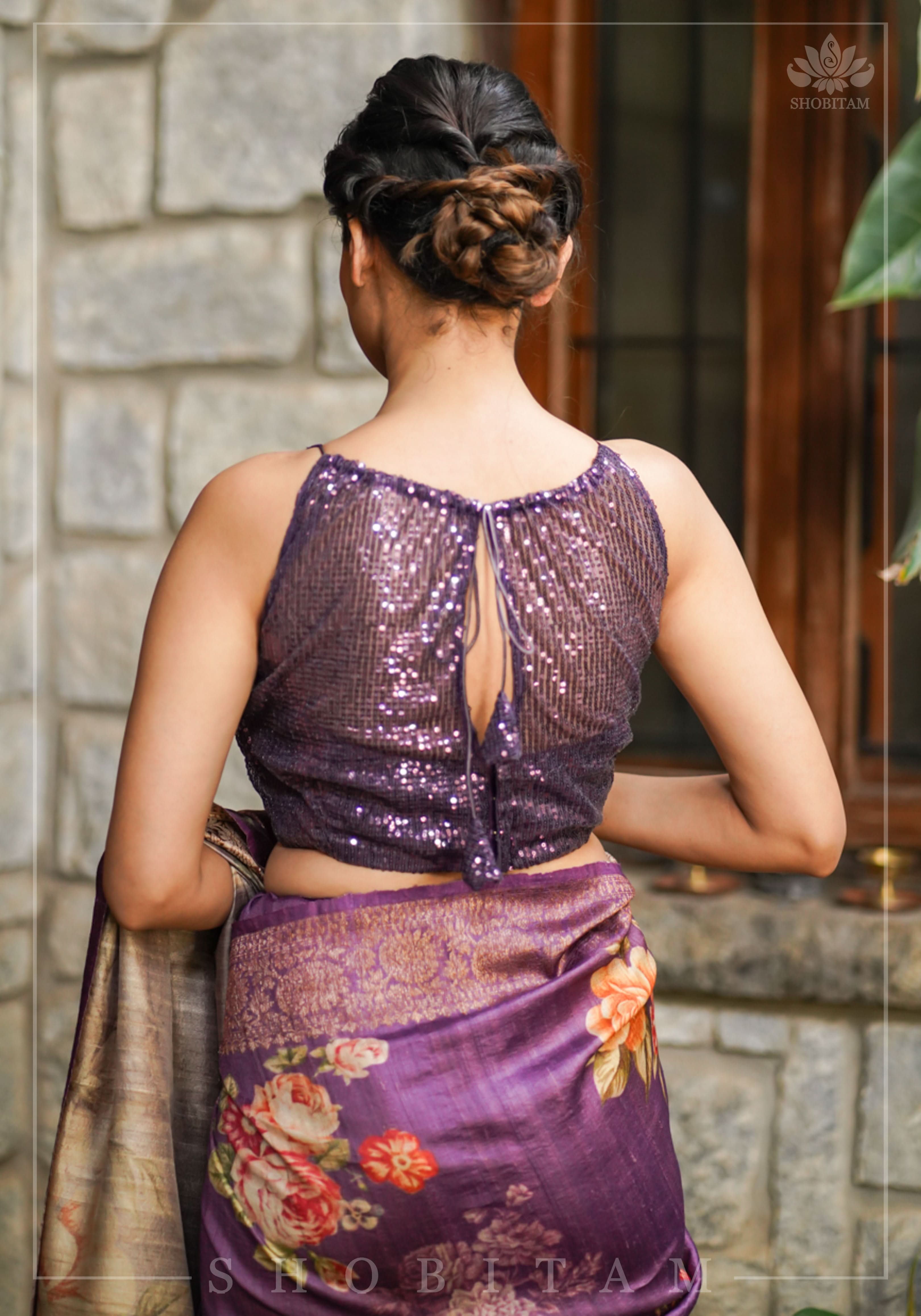 Stylish Amethyst Gathered Neck Blouse with self tone sequins and sheer yoke | Shobitam