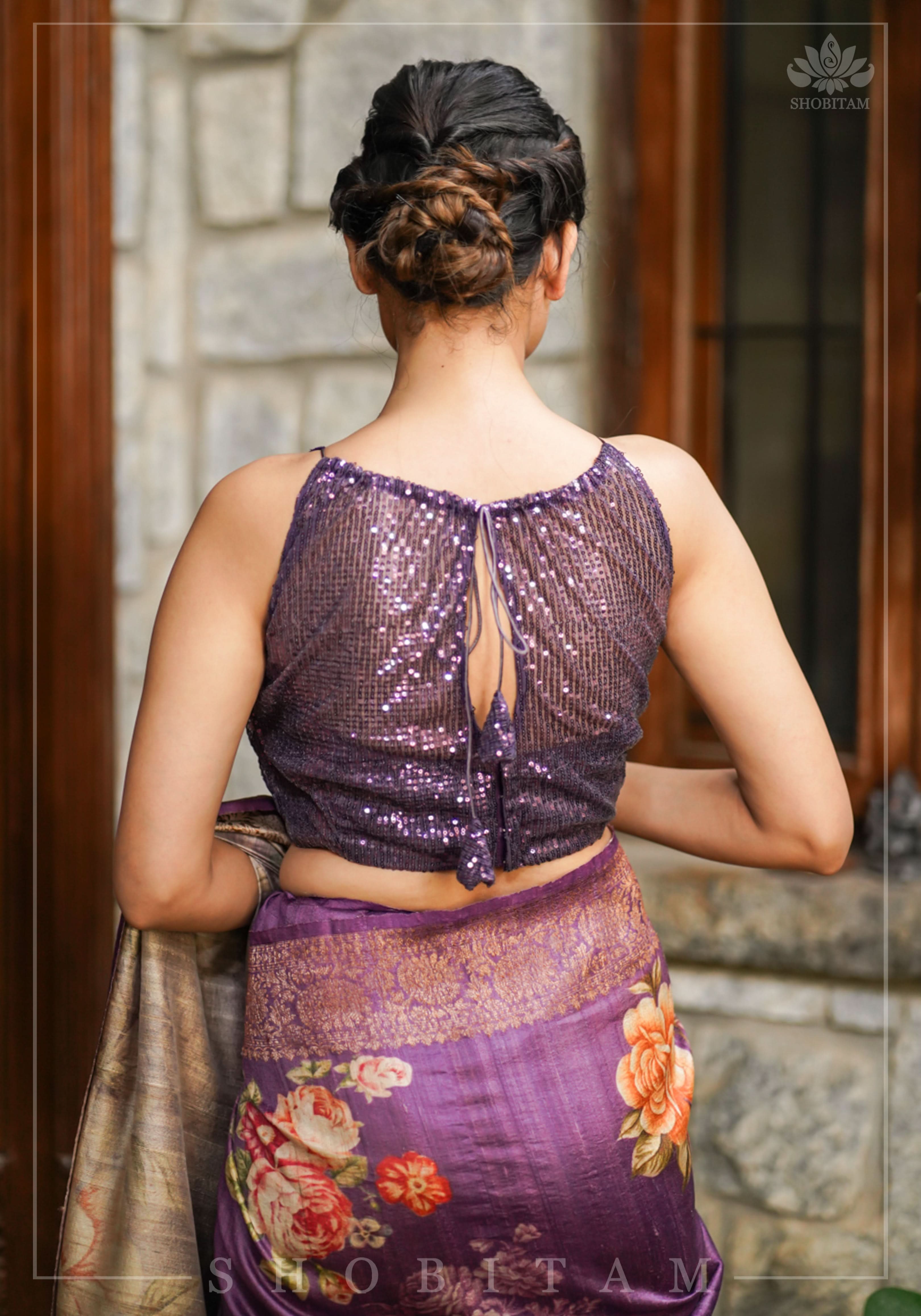 Stylish Amethyst Gathered Neck Blouse with self tone sequins and sheer yoke | Shobitam