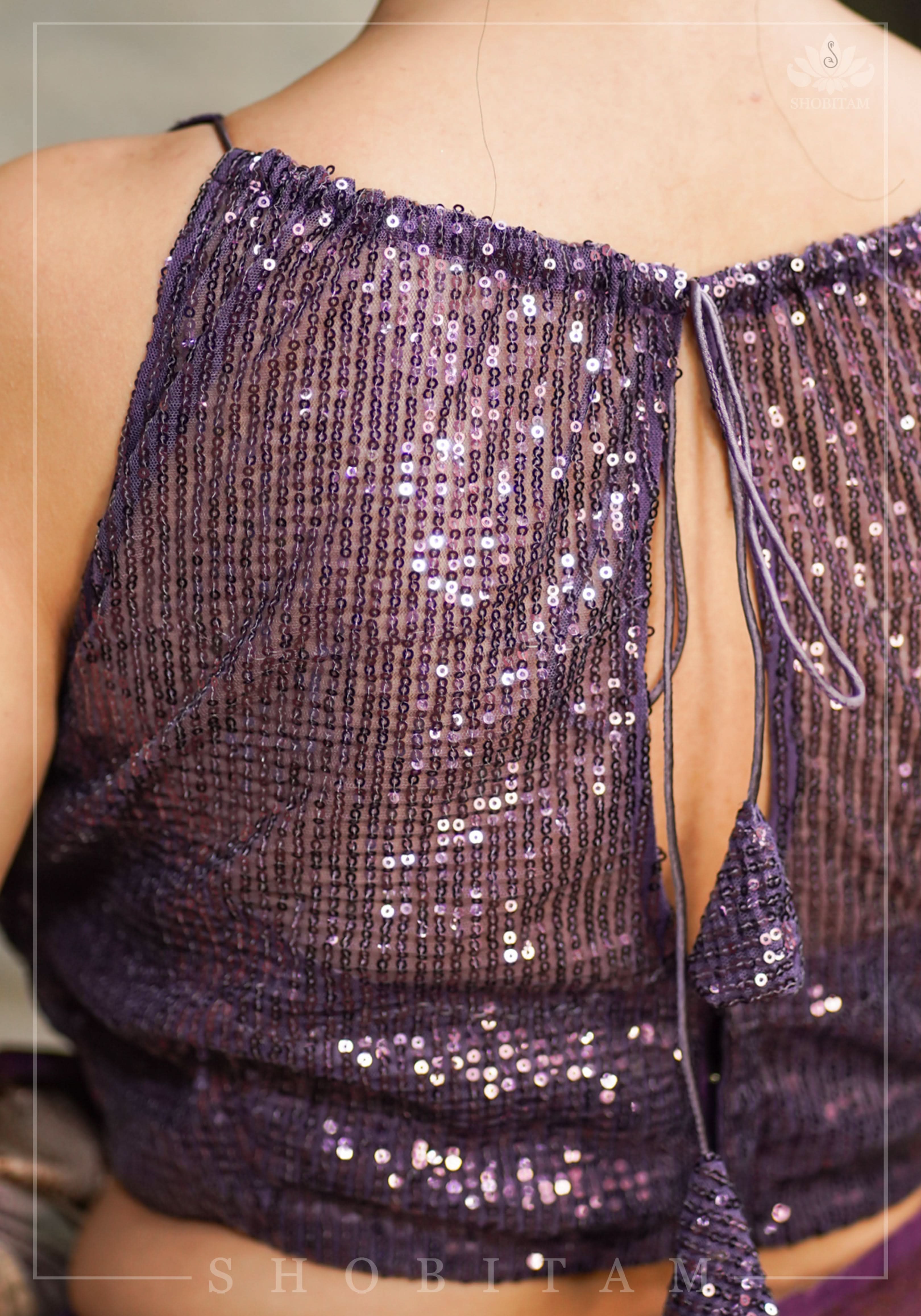 Stylish Amethyst Gathered Neck Blouse with self tone sequins and sheer yoke | Shobitam